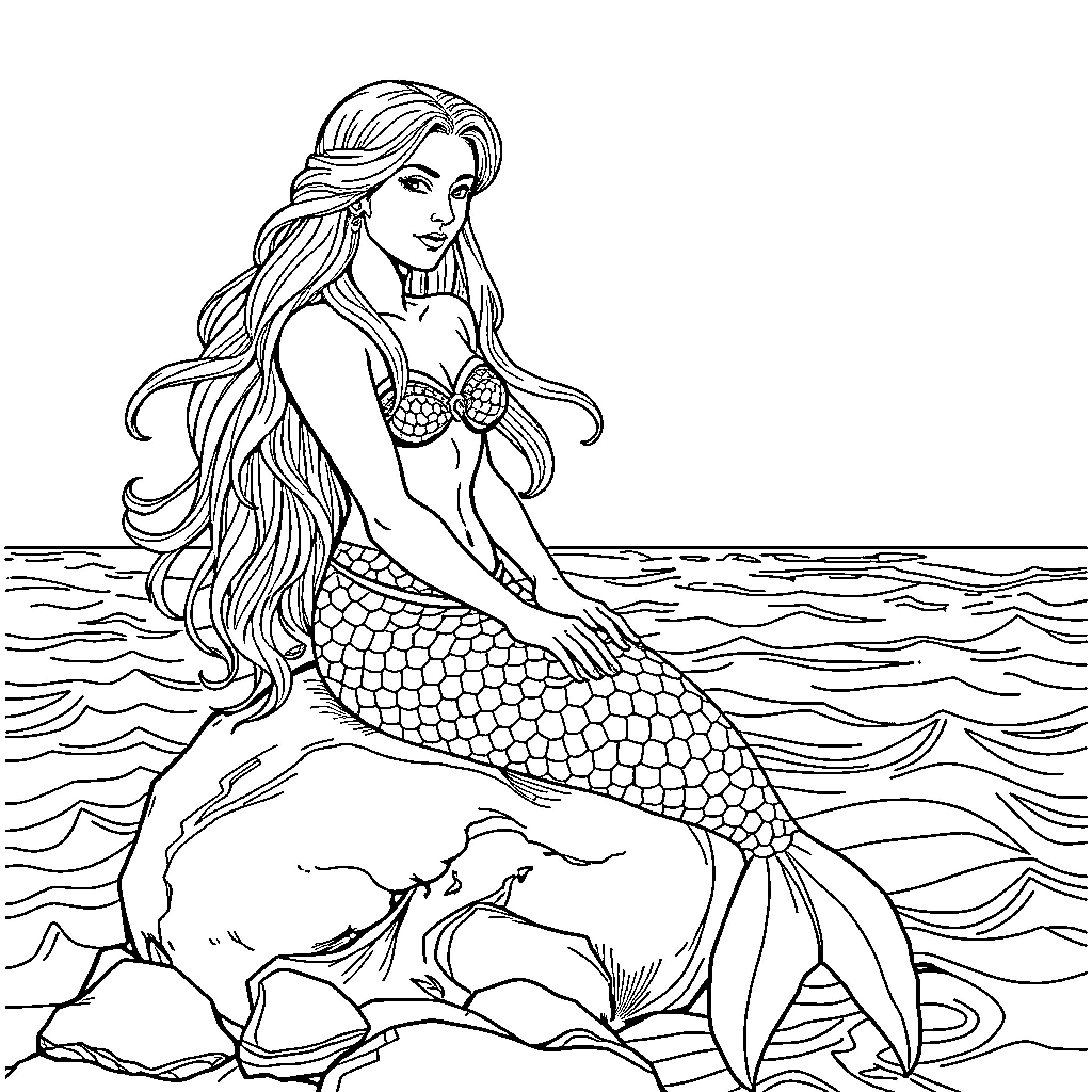 Mermaid resting on the rocks by the sea Coloring Page (free black-and-white line drawing printable PDF for all, from beginners to advanced learners, including children, teens, adults, and seniors)