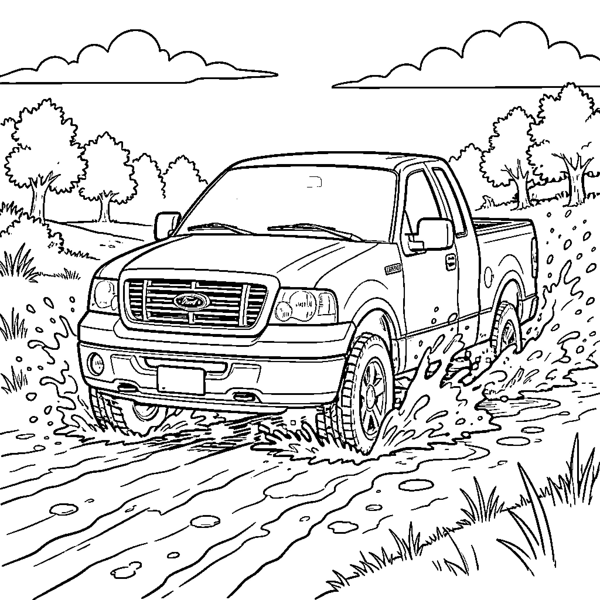 Ford F150 driving through splashing water on a trail Coloring Page (free black-and-white line drawing printable PDF for all, from beginners to advanced learners, including children, teens, adults, and seniors)
