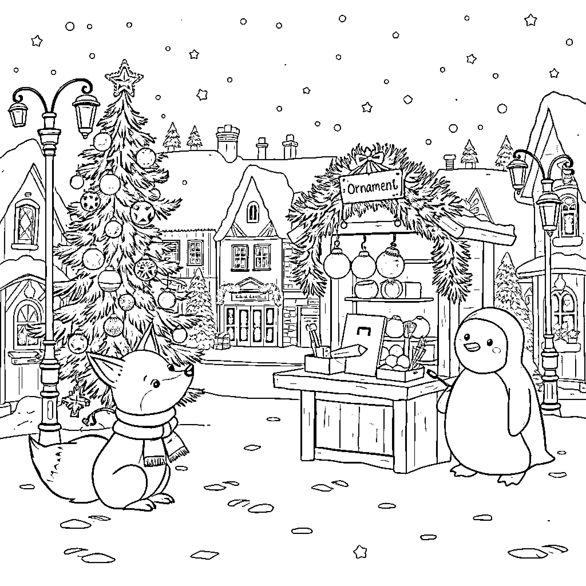 Fox enjoying festive winter wonderland scene Coloring Page (free black-and-white line drawing printable PDF for all, from beginners to advanced learners, including children, teens, adults, and seniors)