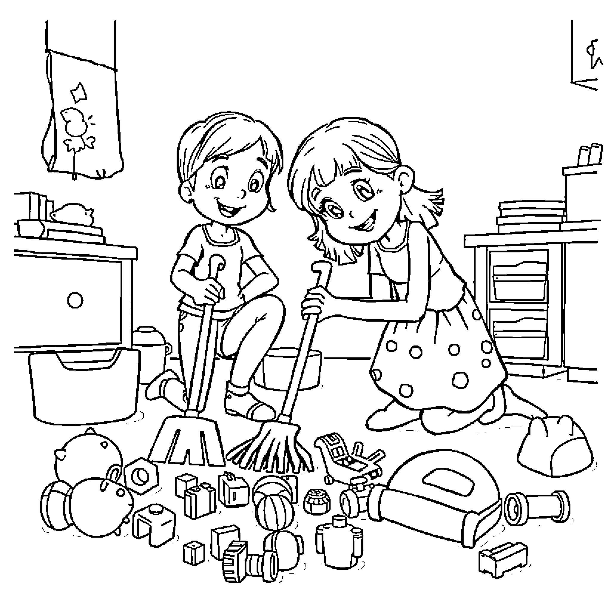 Rachel and friend cleaning up messy room together Coloring Page (free black-and-white line drawing printable PDF for all, from beginners to advanced learners, including children, teens, adults, and seniors)