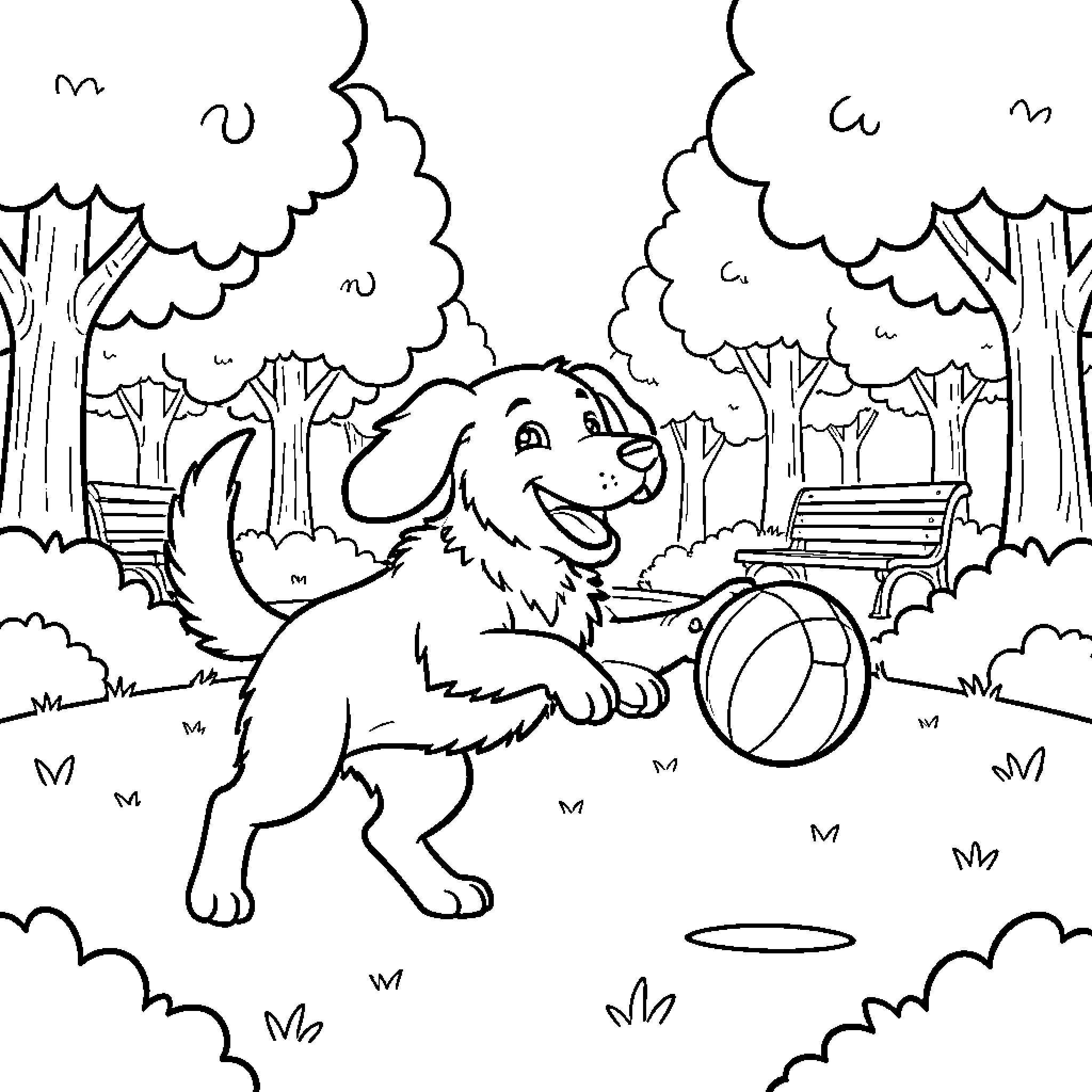 Dog playing with a ball in the park Coloring Page (free black-and-white line drawing printable PDF for all, from beginners to advanced learners, including children, teens, adults, and seniors)