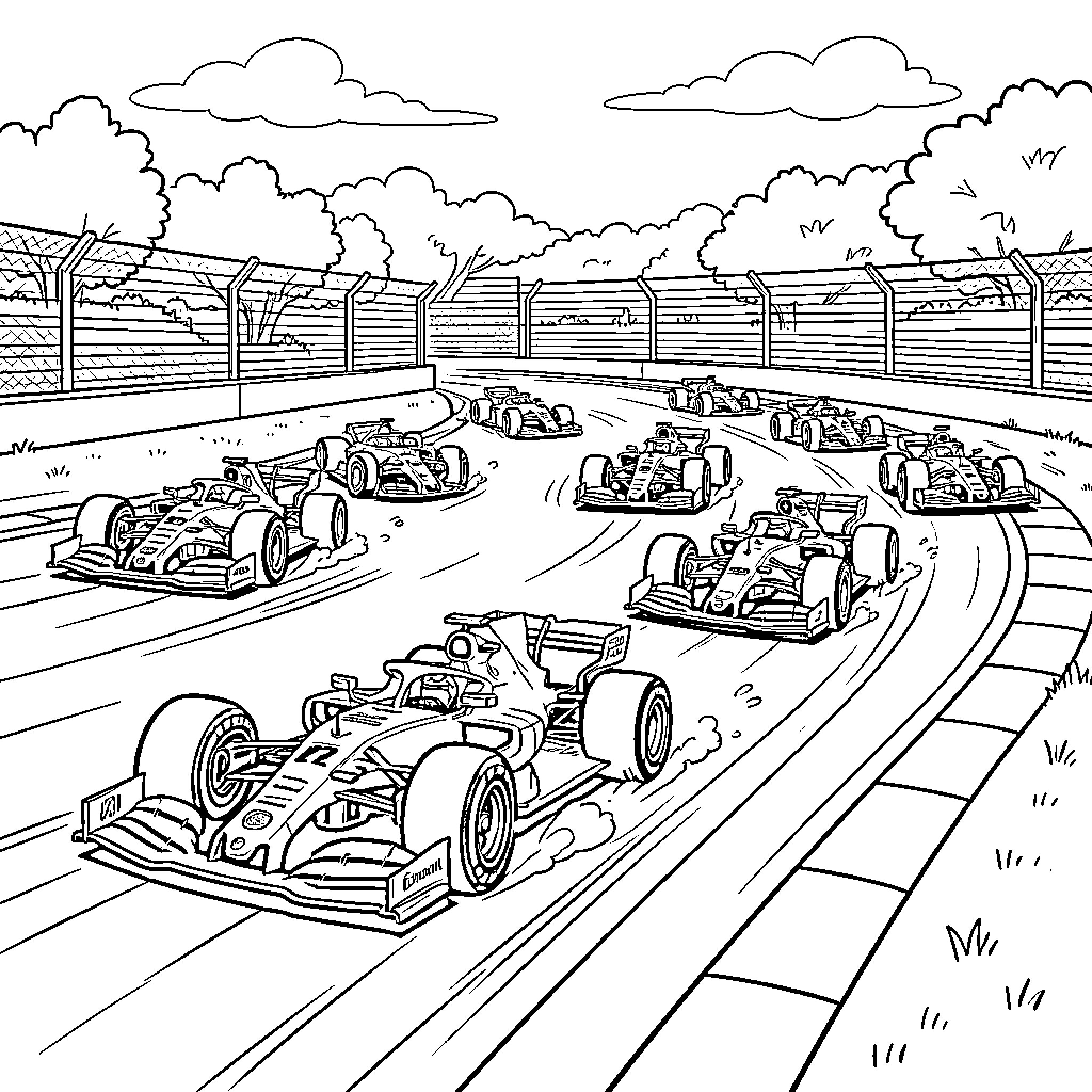 Formula 1 Racing on a Winding Track Coloring Page (free black-and-white line drawing printable PDF for all, from beginners to advanced learners, including children, teens, adults, and seniors)