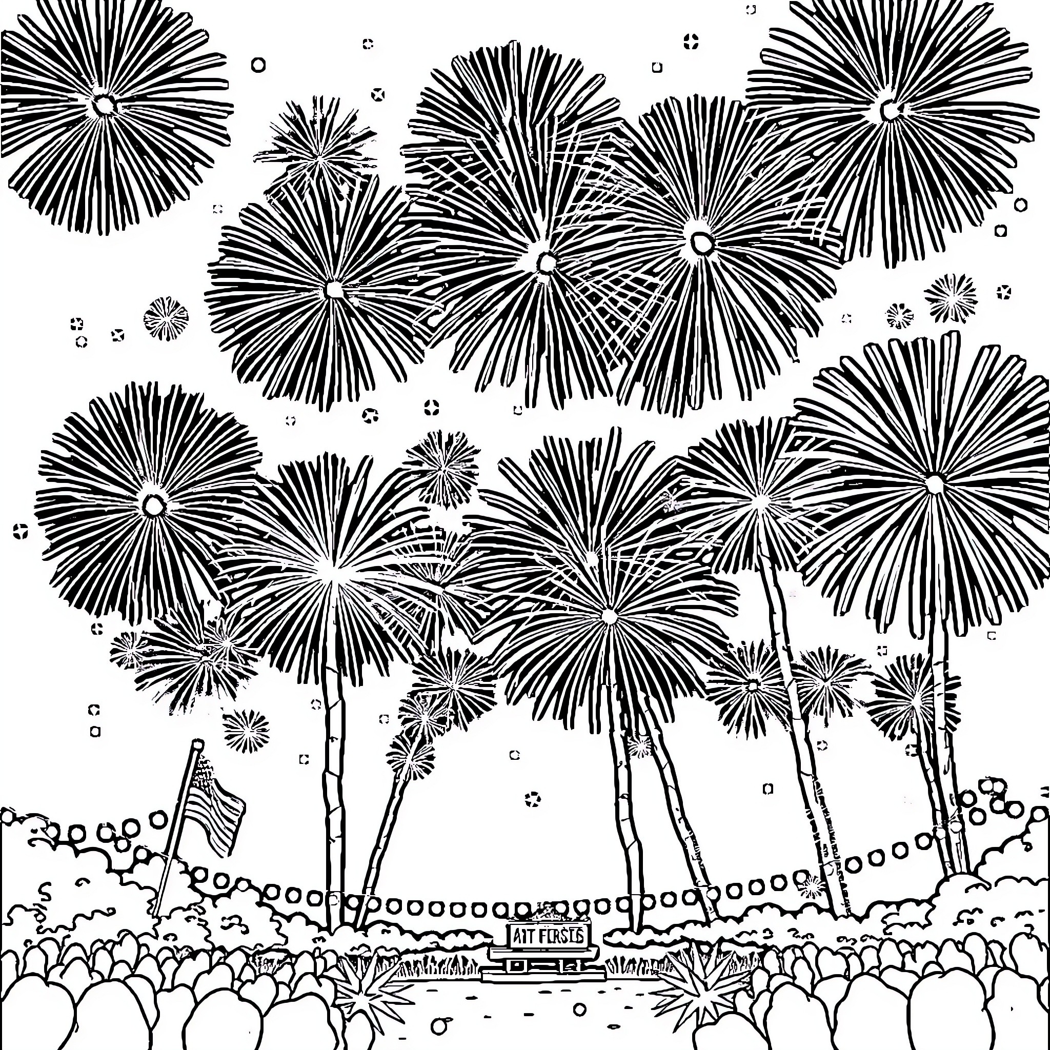 4th Of July Festive Fireworks Display Coloring Page (free black-and-white line drawing printable PDF for all, from beginners to advanced learners, including children, teens, adults, and seniors)