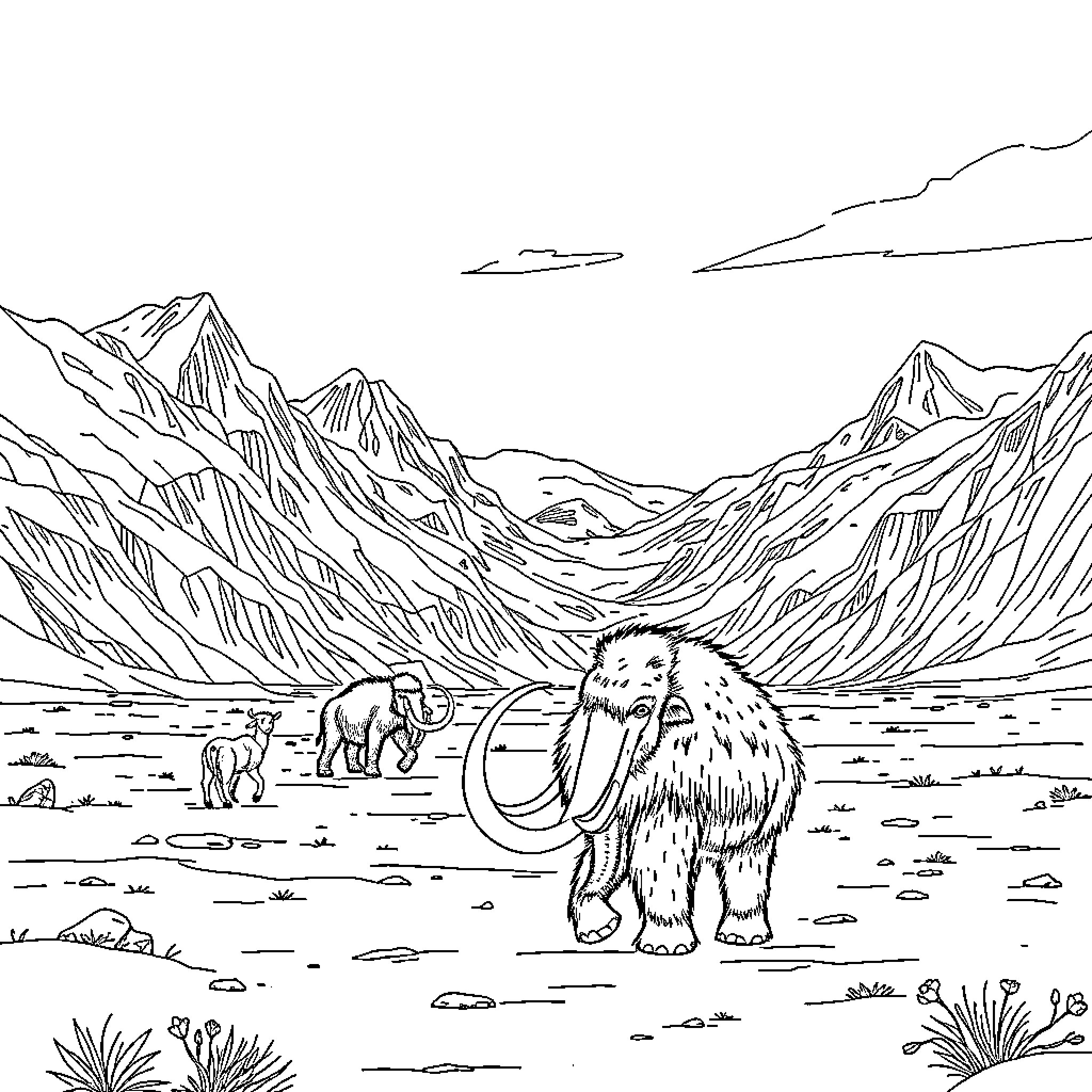 Ice Age Woolly Mammoths in Snowy Mountain Landscape Coloring Page (free black-and-white line drawing printable PDF for all, from beginners to advanced learners, including children, teens, adults, and seniors)