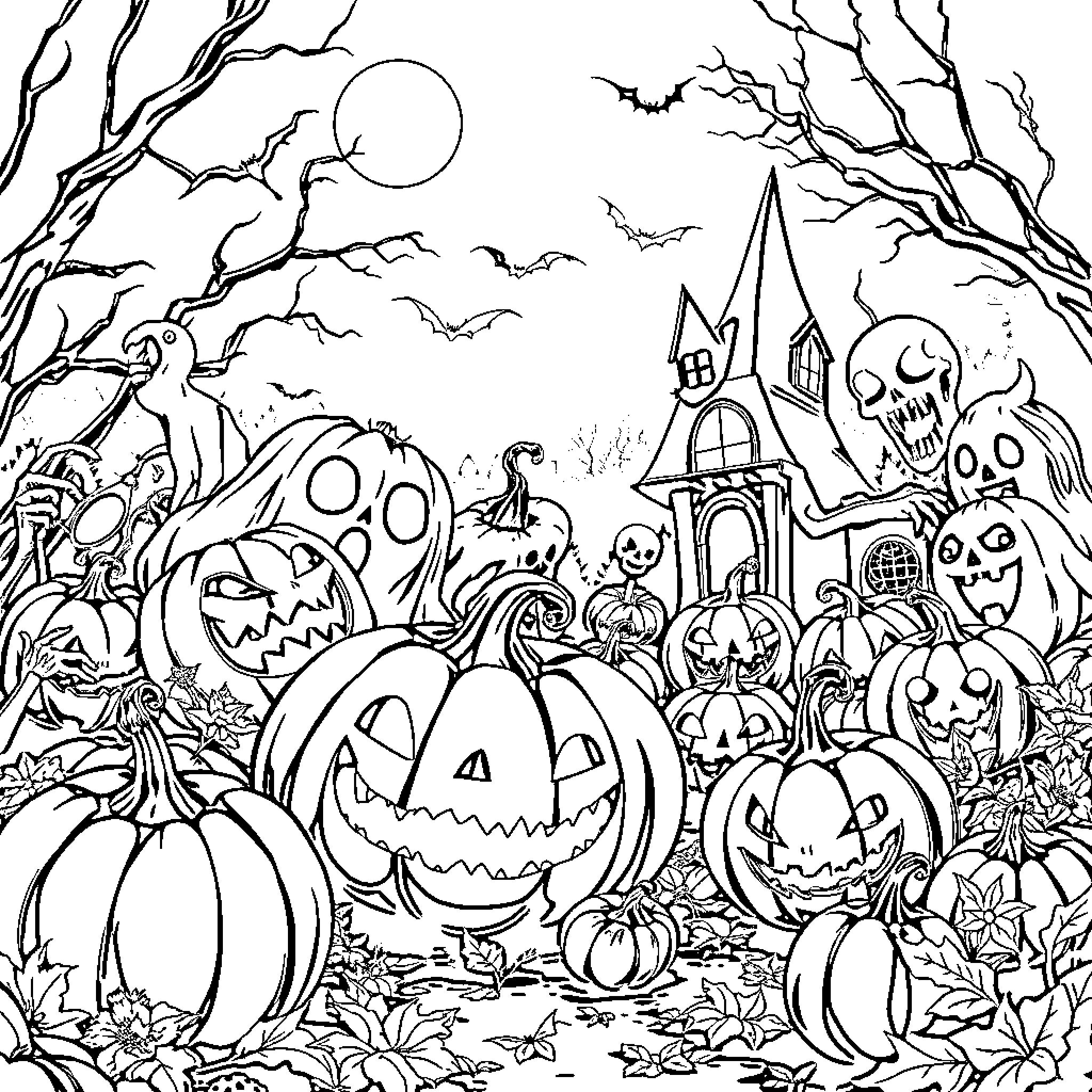 Halloween Spooky Night with Pumpkins and Haunted Castle Coloring Page (free black-and-white line drawing printable PDF for all, from beginners to advanced learners, including children, teens, adults, and seniors)