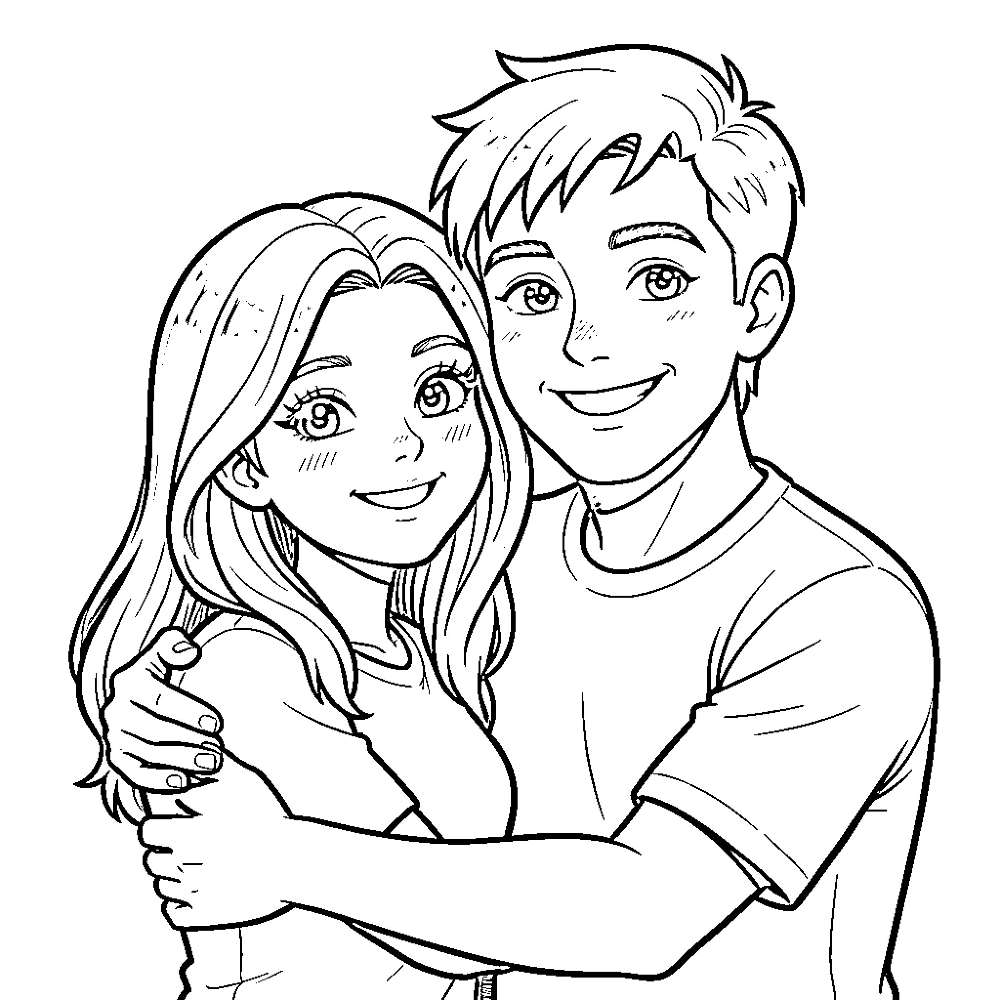 Person embracing and smiling together Coloring Page (free black-and-white line drawing printable PDF for all, from beginners to advanced learners, including children, teens, adults, and seniors)