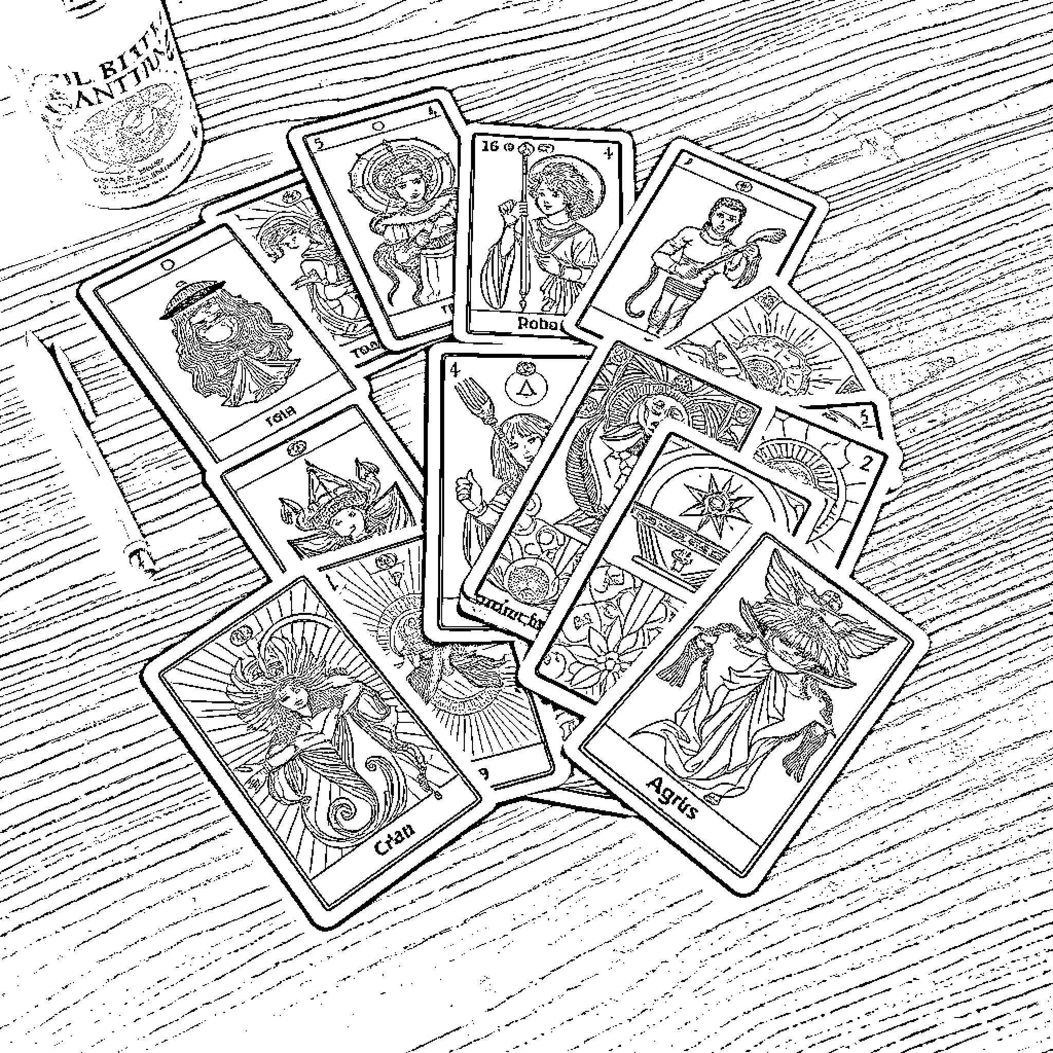 Tarot Card Deck with Diverse Mystical Imagery Coloring Page (free black-and-white line drawing printable PDF for all, from beginners to advanced learners, including children, teens, adults, and seniors)