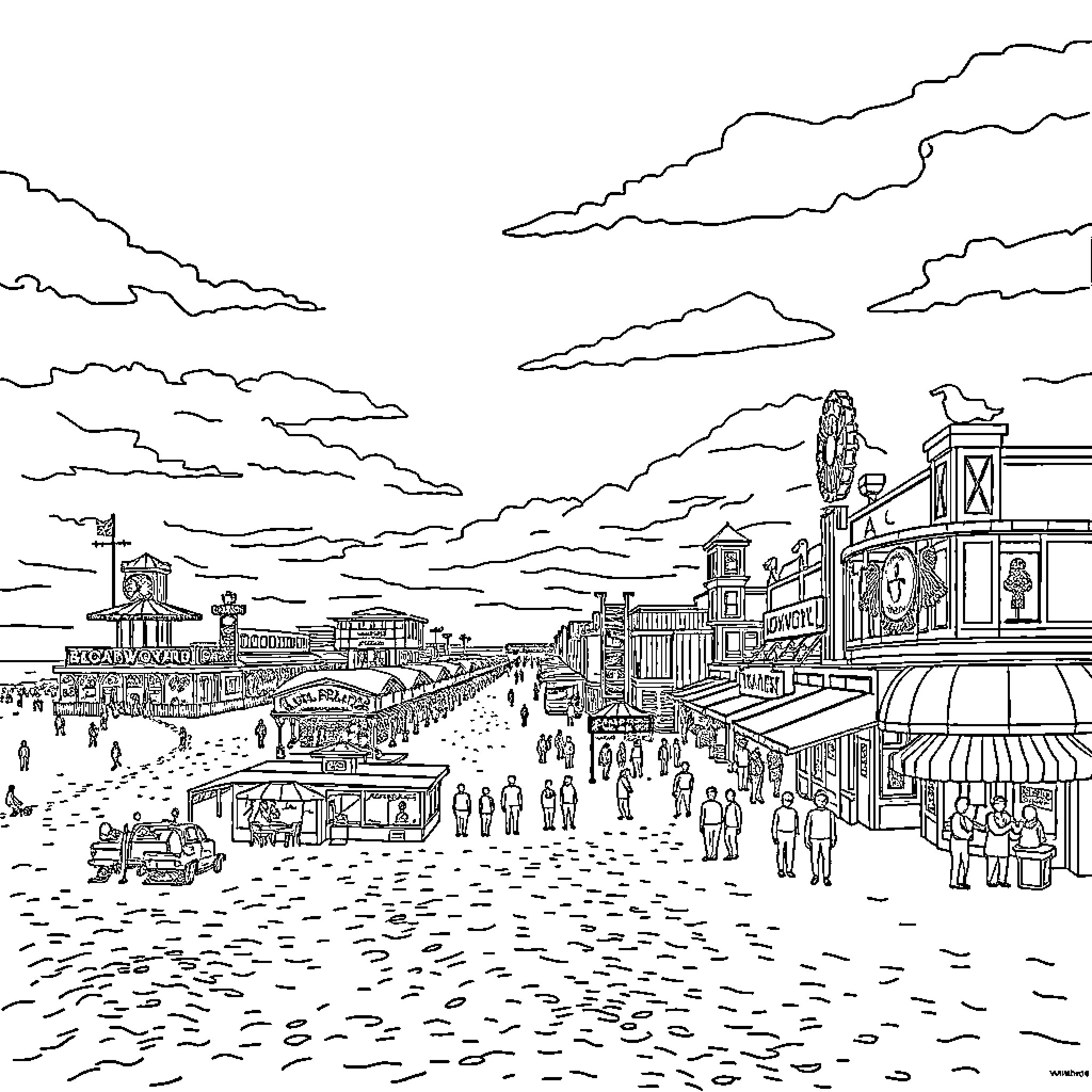 Wildwood Boardwalk Scene with Crowds and Shops Coloring Page (free black-and-white line drawing printable PDF for all, from beginners to advanced learners, including children, teens, adults, and seniors)