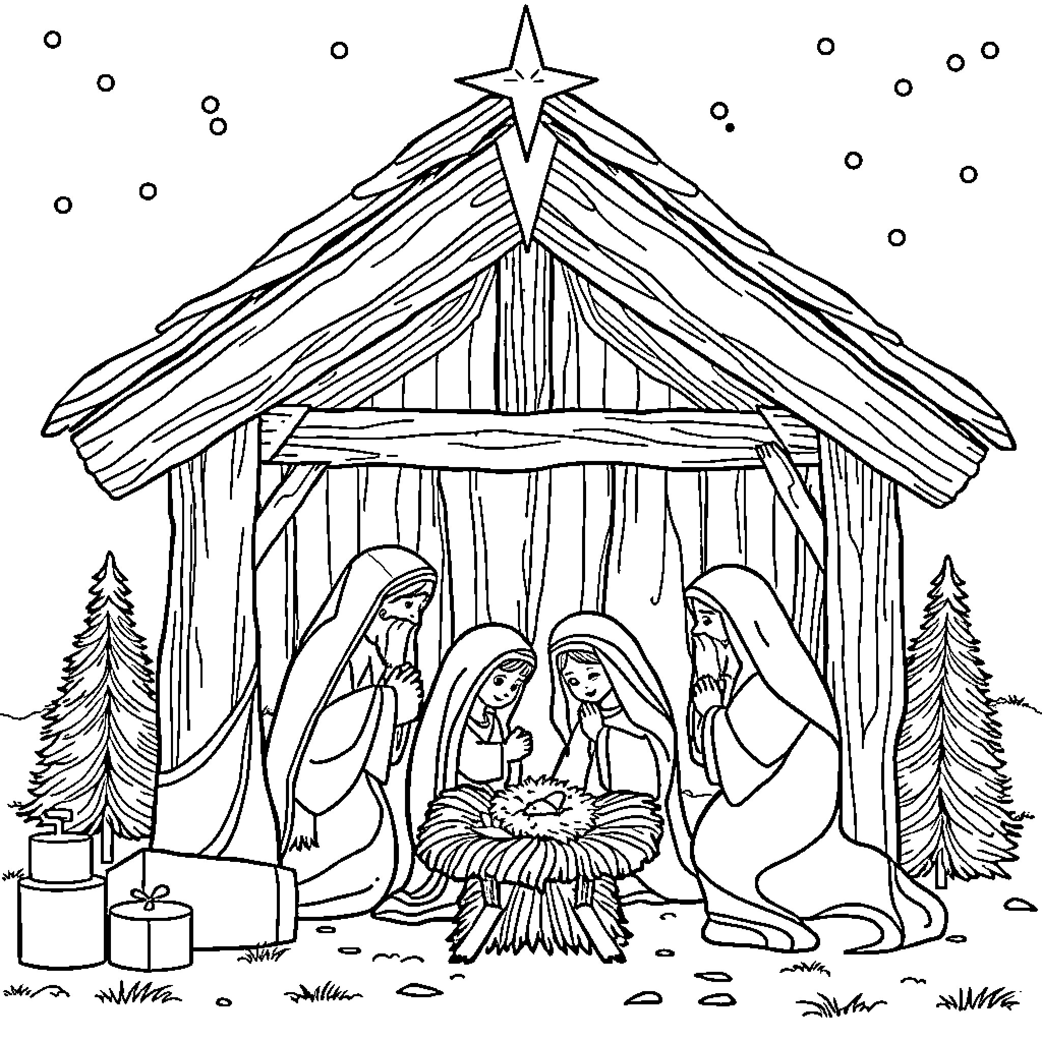 Nativity scene with holy family and adoring angels Coloring Page (free black-and-white line drawing printable PDF for all, from beginners to advanced learners, including children, teens, adults, and seniors)