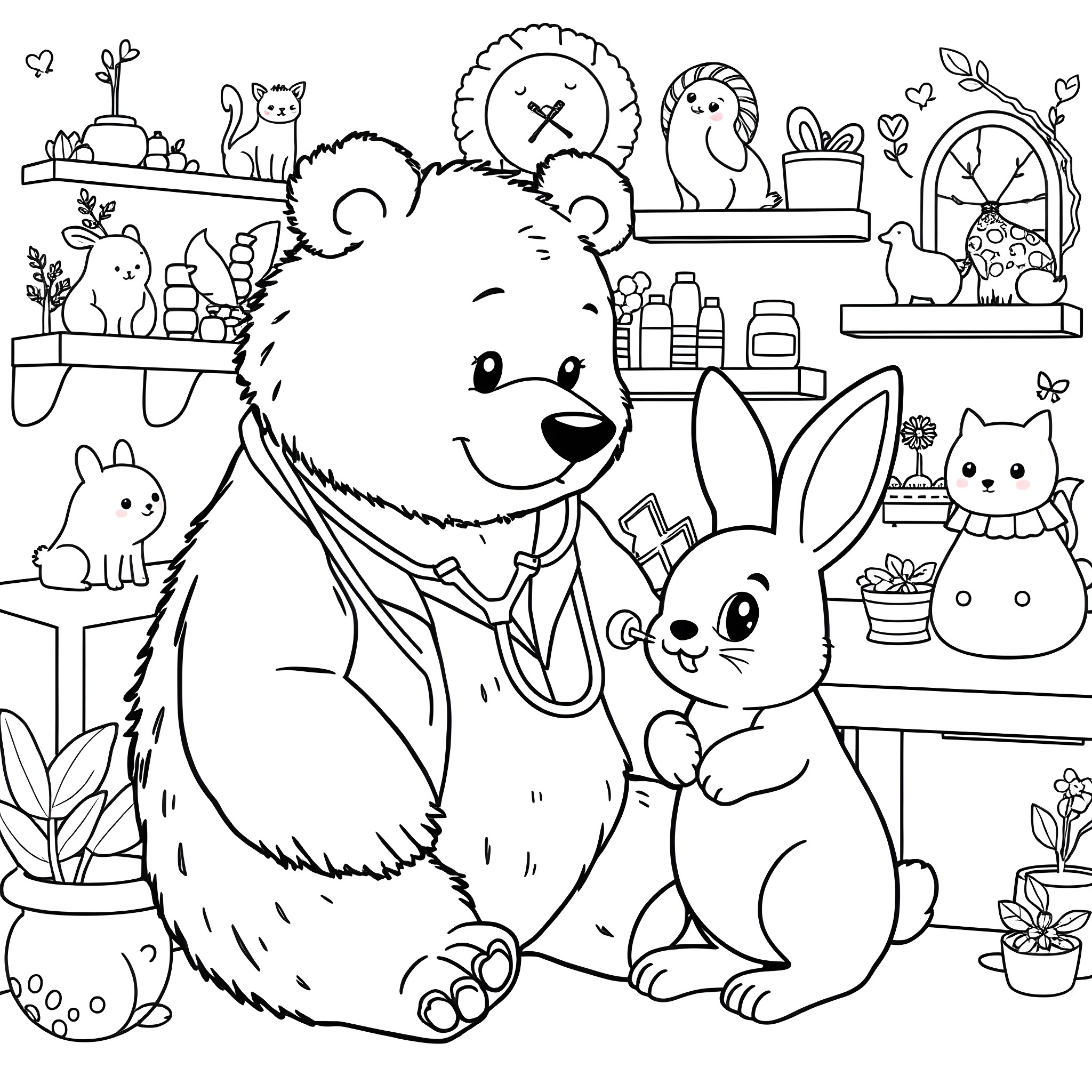 Bear and Bunny Friends in Cozy Room Coloring Page (free black-and-white line drawing printable PDF for all, from beginners to advanced learners, including children, teens, adults, and seniors)