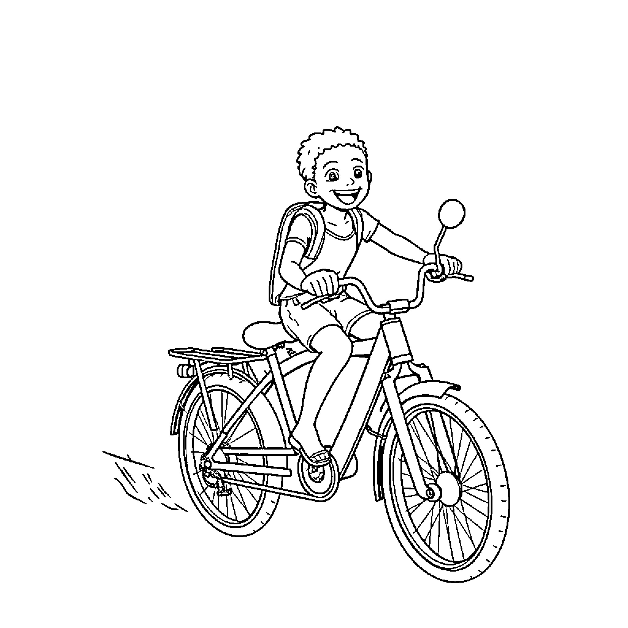 E Bike rider enjoying leisurely ride Coloring Page (free black-and-white line drawing printable PDF for all, from beginners to advanced learners, including children, teens, adults, and seniors)