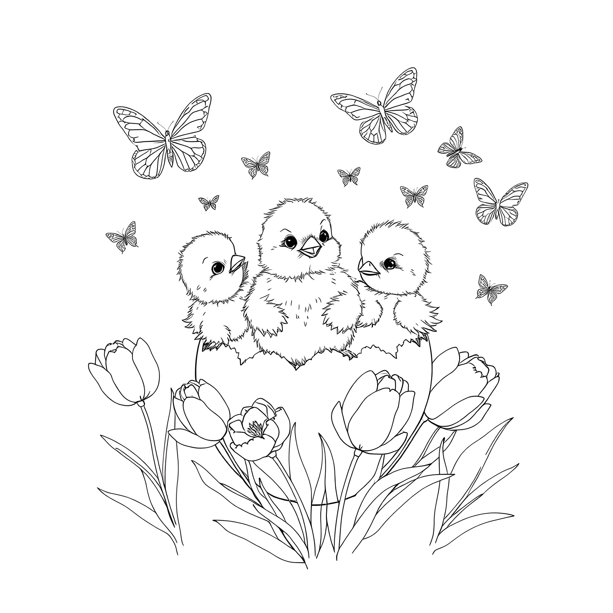 Chick trio playing among butterfly and tulips Coloring Page (free black-and-white line drawing printable PDF for all, from beginners to advanced learners, including children, teens, adults, and seniors)