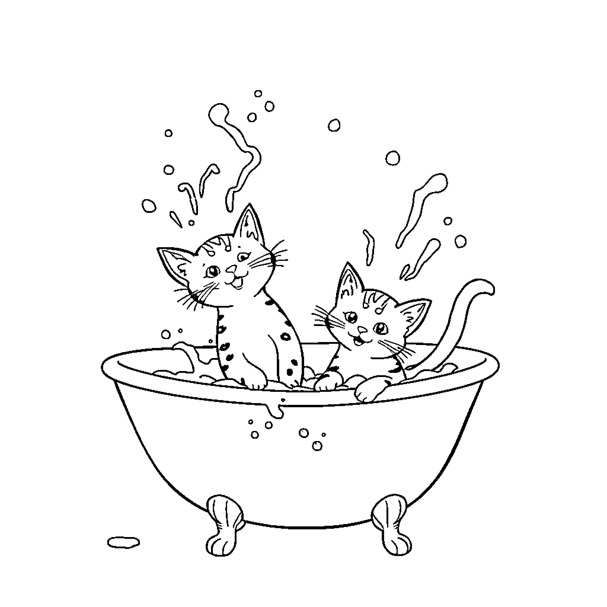 Cats Enjoying a Bubbly Bath Coloring Page (free black-and-white line drawing printable PDF for all, from beginners to advanced learners, including children, teens, adults, and seniors)