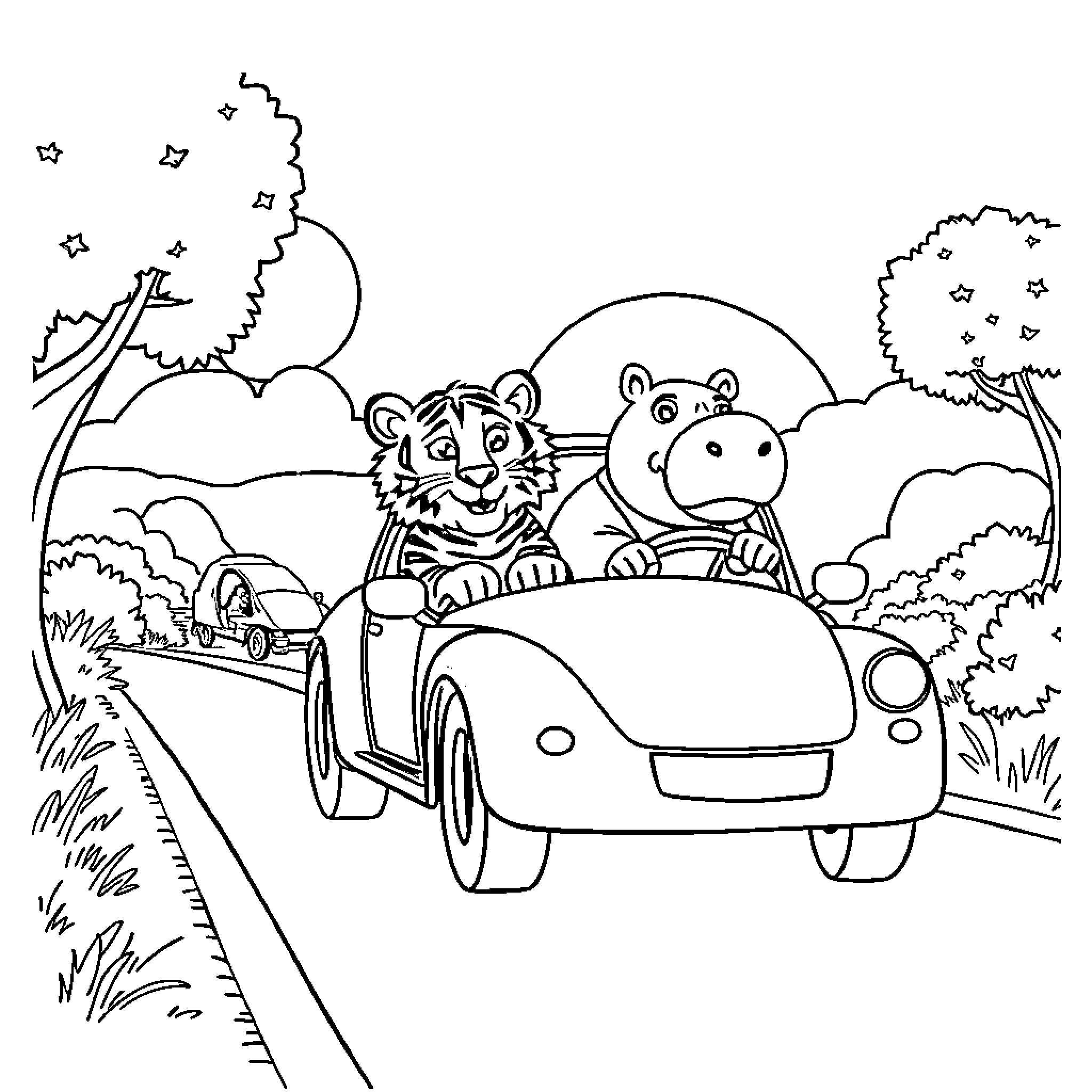 Tiger and Hippo Driving Joyfully in Car on Country Road Coloring Page (free black-and-white line drawing printable PDF for all, from beginners to advanced learners, including children, teens, adults, and seniors)