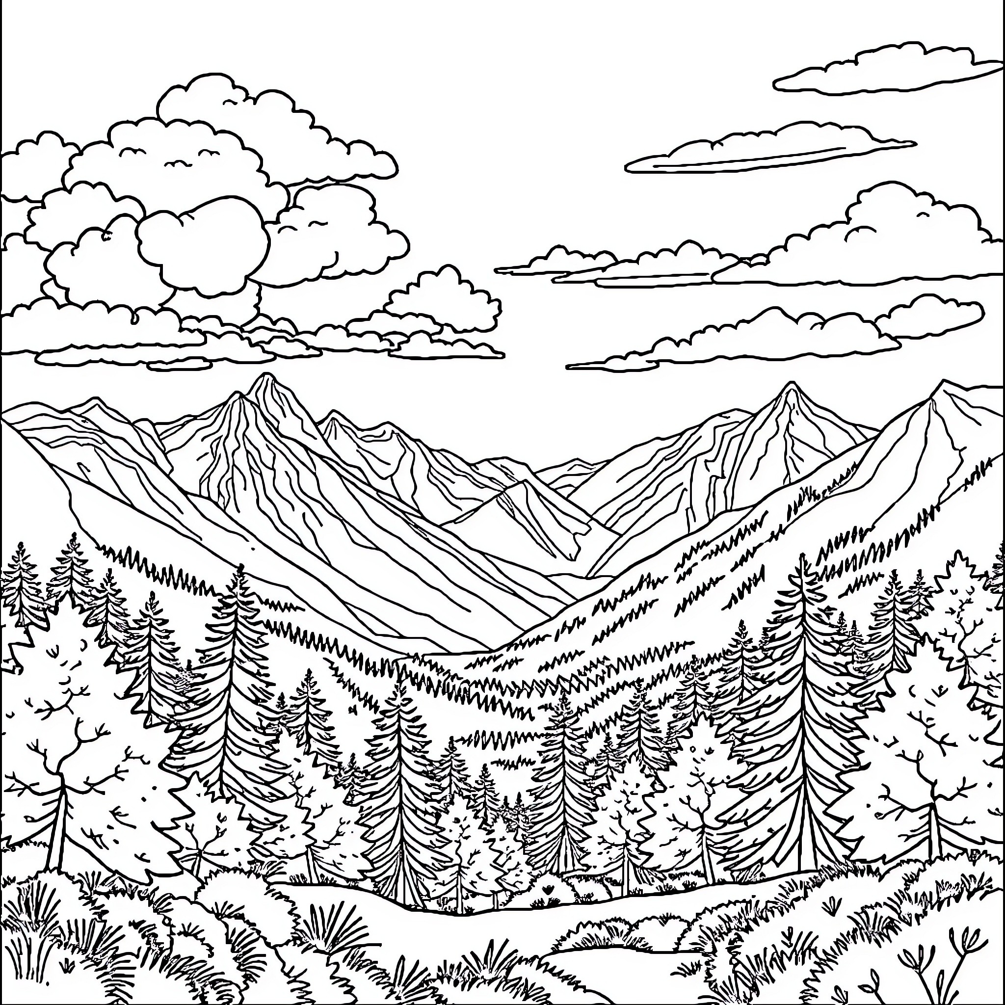 Drawing of a Mountainous Landscape with Clouds Coloring Page (free black-and-white line drawing printable PDF for all, from beginners to advanced learners, including children, teens, adults, and seniors)