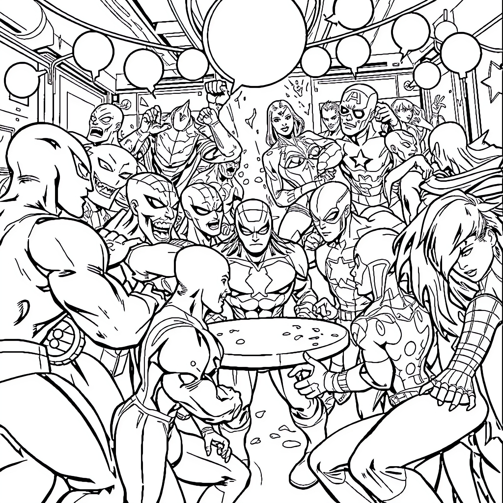 Marvel Characters Gathered for Epic Celebration Coloring Page (free black-and-white line drawing printable PDF for all, from beginners to advanced learners, including children, teens, adults, and seniors)