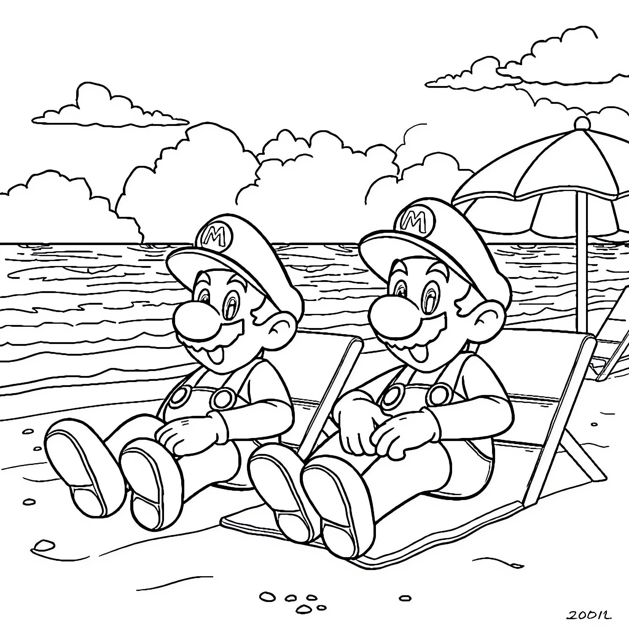 Mario Brothers Relaxing on the Beach Coloring Page (free black-and-white line drawing printable PDF for all, from beginners to advanced learners, including children, teens, adults, and seniors)
