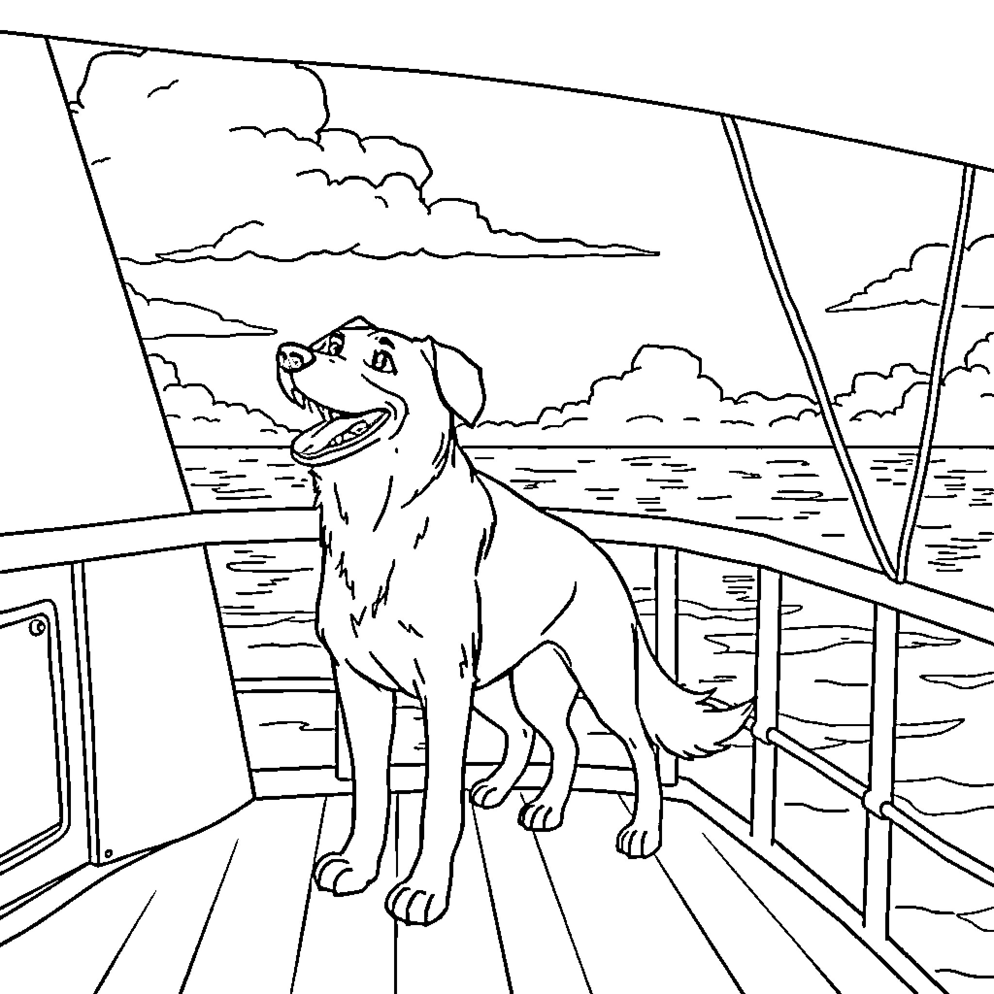 Dog enjoying the view on a boat deck Coloring Page (free black-and-white line drawing printable PDF for all, from beginners to advanced learners, including children, teens, adults, and seniors)