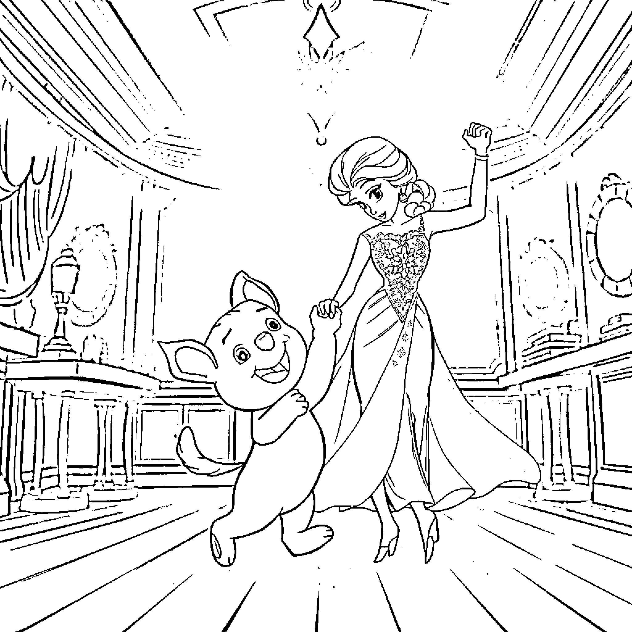 Bluey and the grand ball dance Coloring Page (free black-and-white line drawing printable PDF for all, from beginners to advanced learners, including children, teens, adults, and seniors)