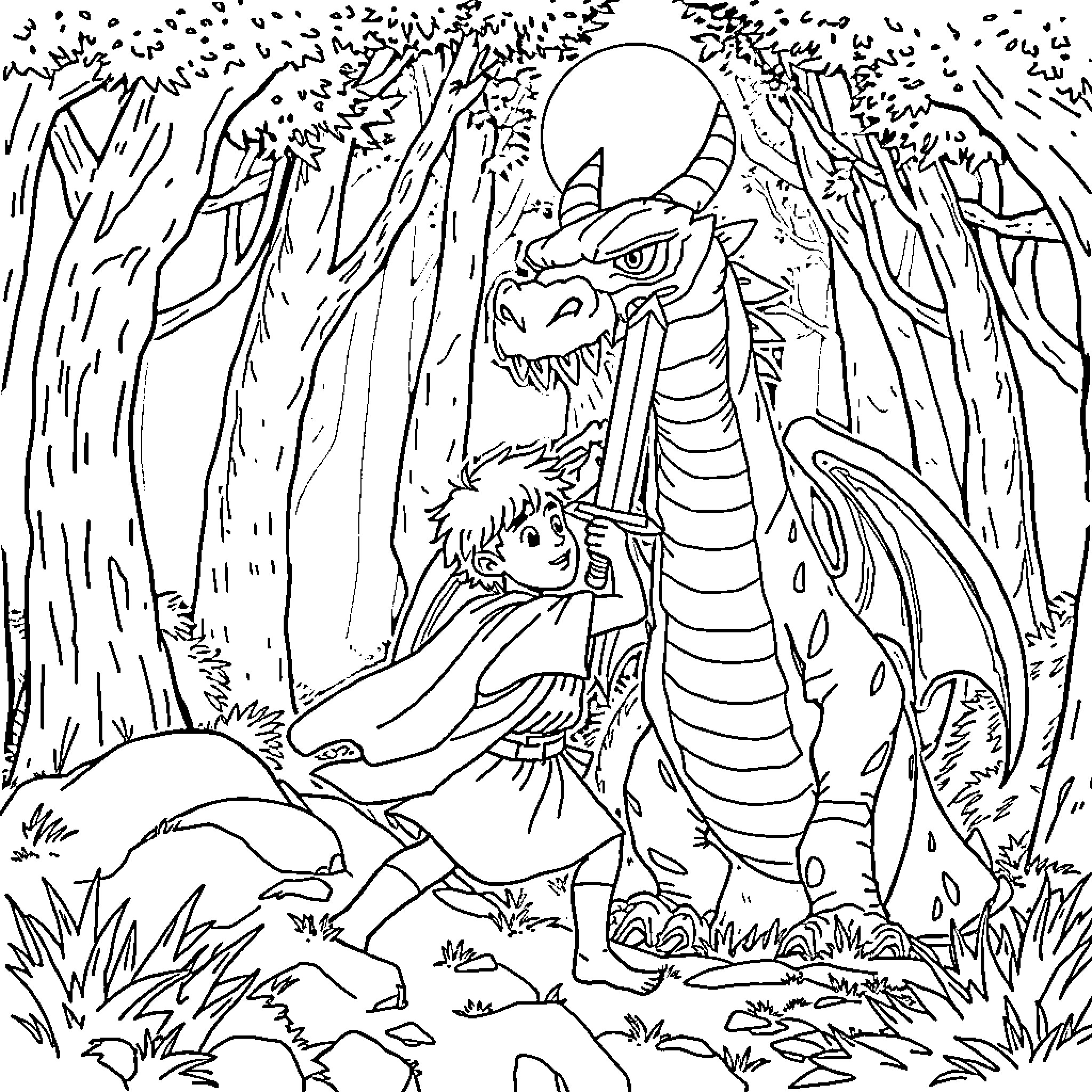 Boy encounters a ferocious dragon in the enchanted forest Coloring Page (free black-and-white line drawing printable PDF for all, from beginners to advanced learners, including children, teens, adults, and seniors)