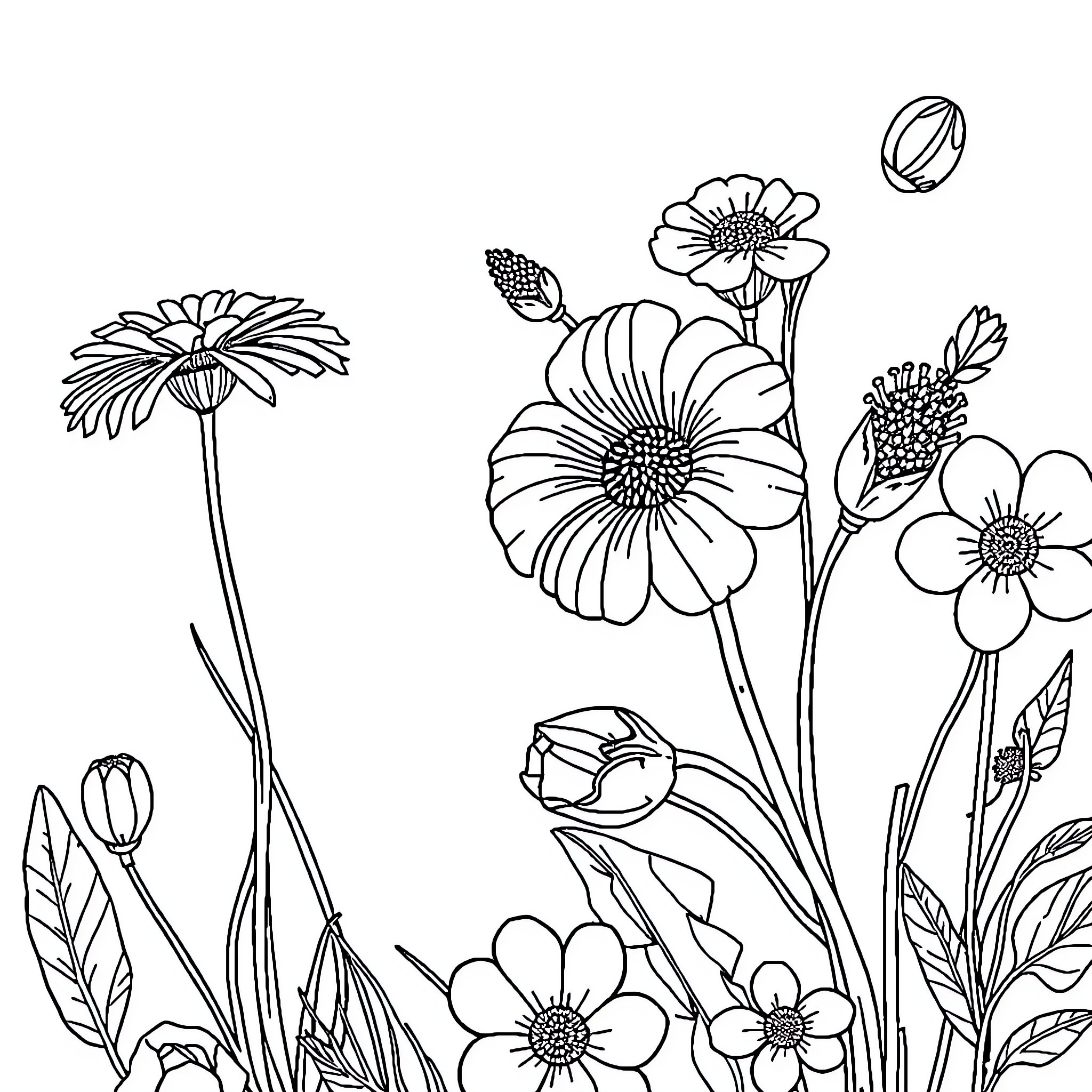 Greenhouse flowers in bloom Coloring Page (free black-and-white line drawing printable PDF for all, from beginners to advanced learners, including children, teens, adults, and seniors)