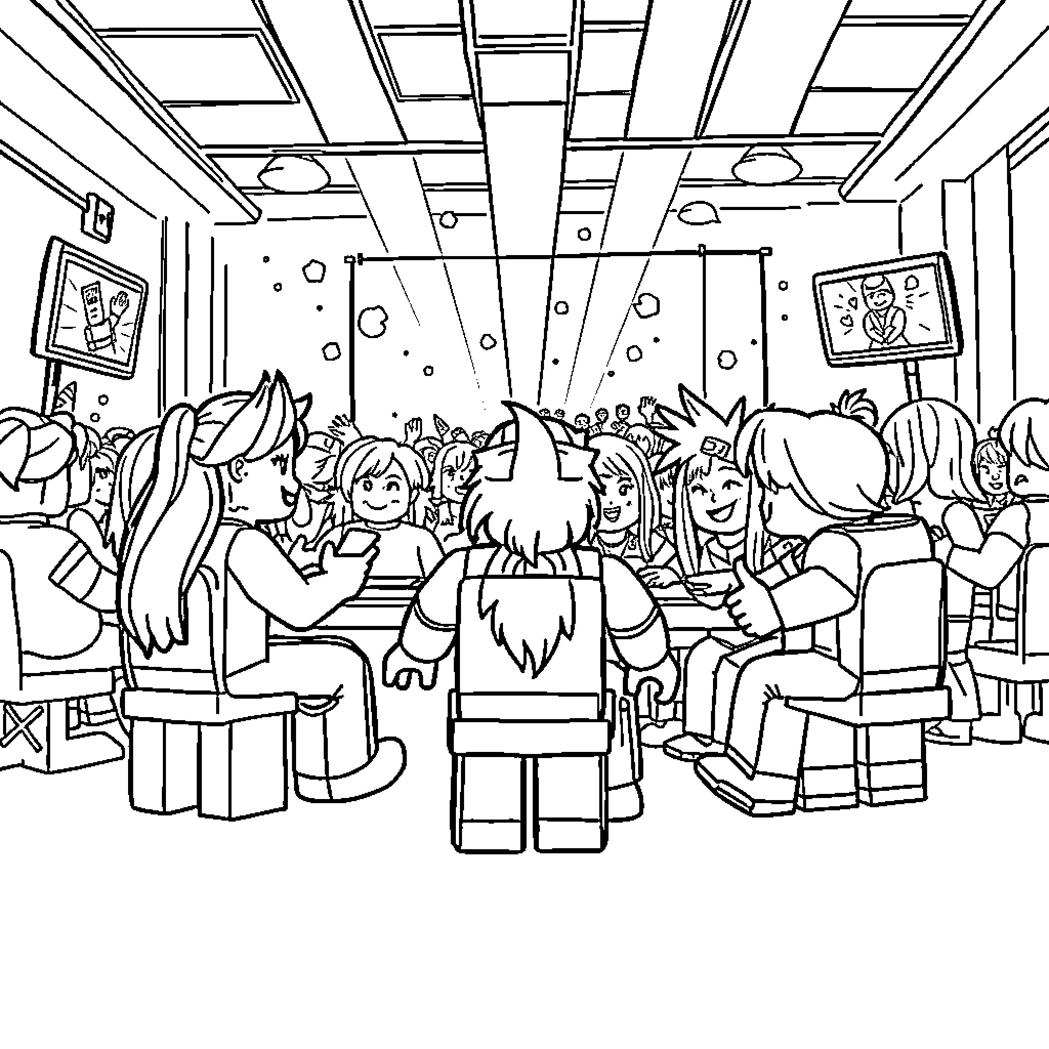 Roblox characters enjoying a lively gathering Coloring Page (free black-and-white line drawing printable PDF for all, from beginners to advanced learners, including children, teens, adults, and seniors)