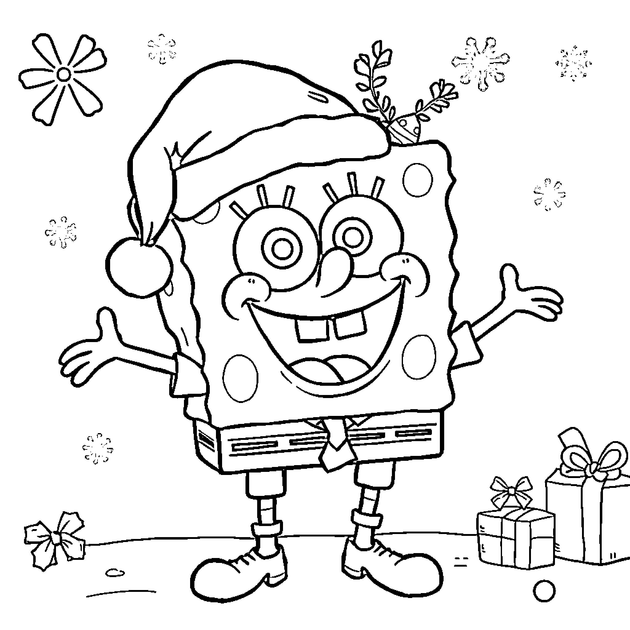 Spongebob wearing Santa hat with gifts Coloring Page (free black-and-white line drawing printable PDF for all, from beginners to advanced learners, including children, teens, adults, and seniors)