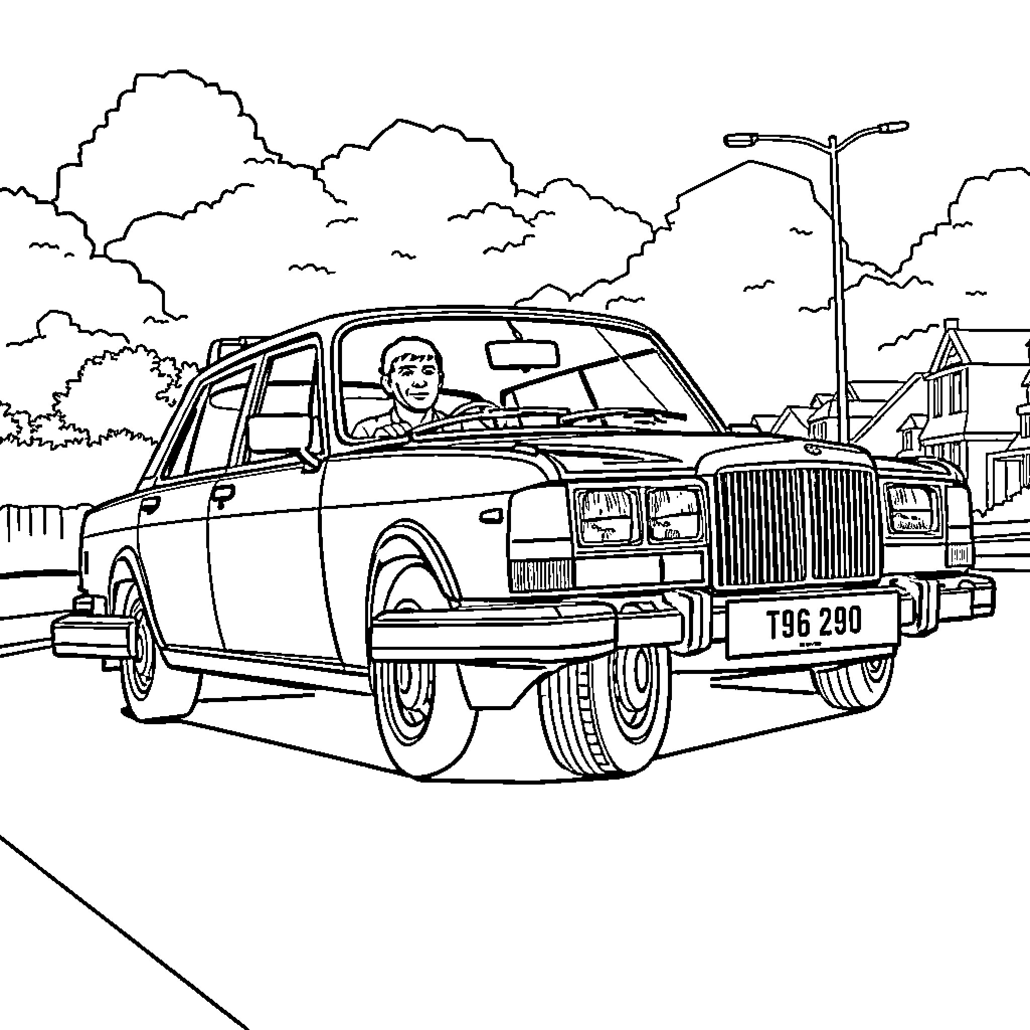 Phil Collins driving a luxury sedan in the city Coloring Page (free black-and-white line drawing printable PDF for all, from beginners to advanced learners, including children, teens, adults, and seniors)