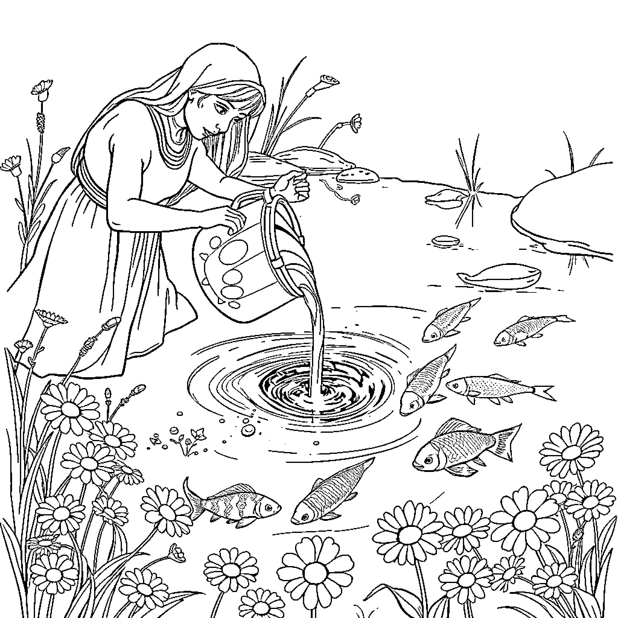 Water Bearer Drawing Water from a Pond Coloring Page (free black-and-white line drawing printable PDF for all, from beginners to advanced learners, including children, teens, adults, and seniors)