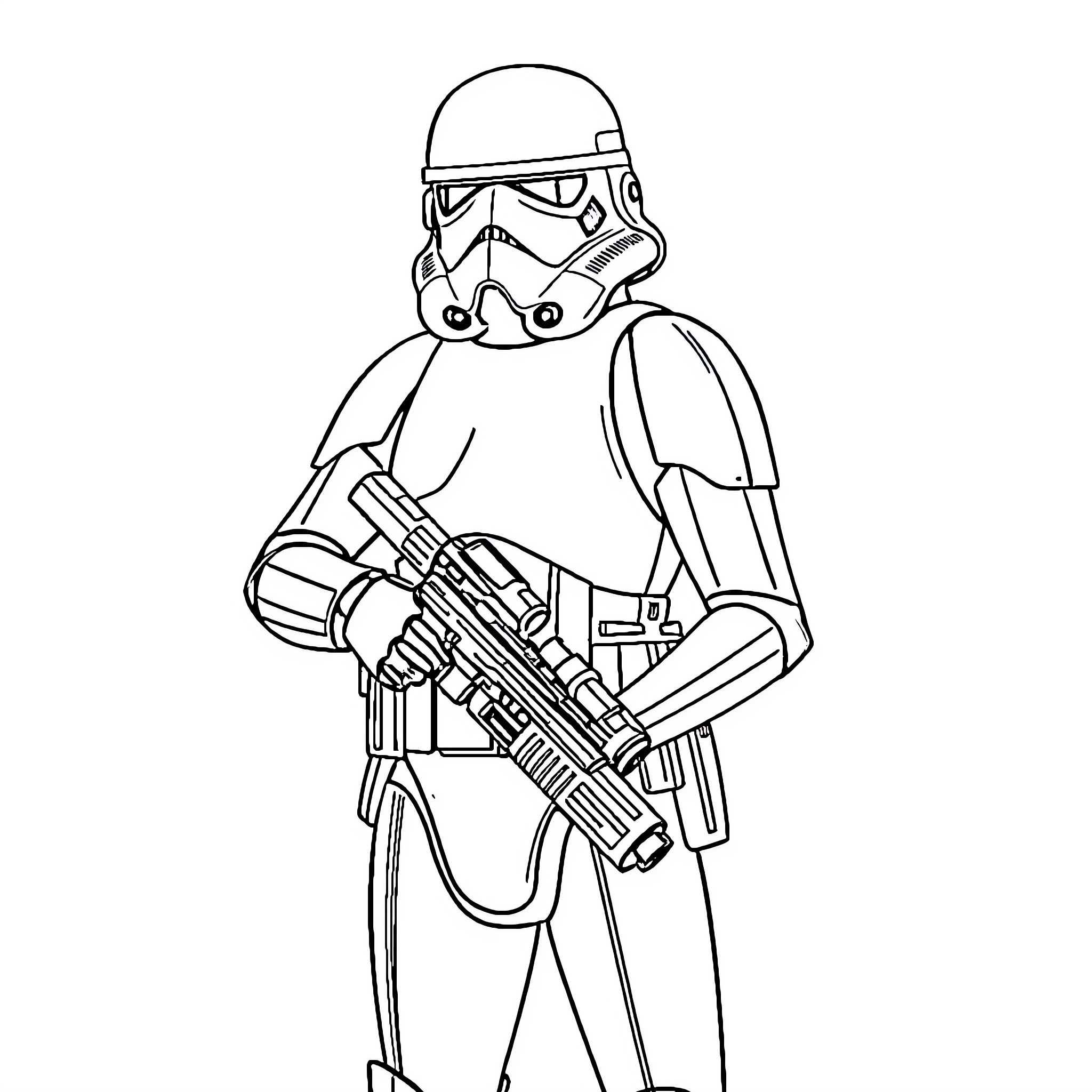 Stormtrooper standing with blaster ready for action Coloring Page (free black-and-white line drawing printable PDF for all, from beginners to advanced learners, including children, teens, adults, and seniors)