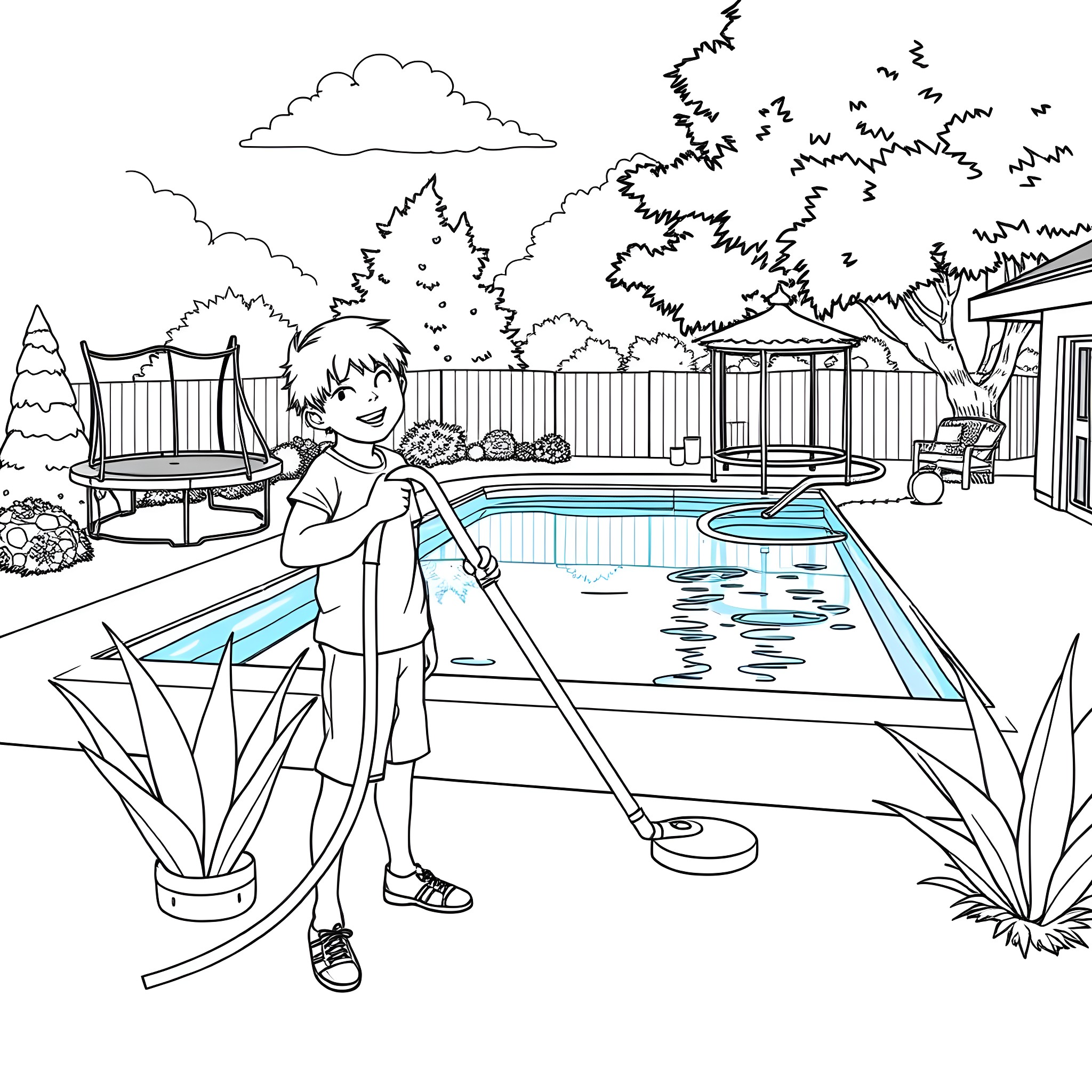 Teen Guy Cleaning Pool on a Sunny Day Coloring Page (free black-and-white line drawing printable PDF for all, from beginners to advanced learners, including children, teens, adults, and seniors)