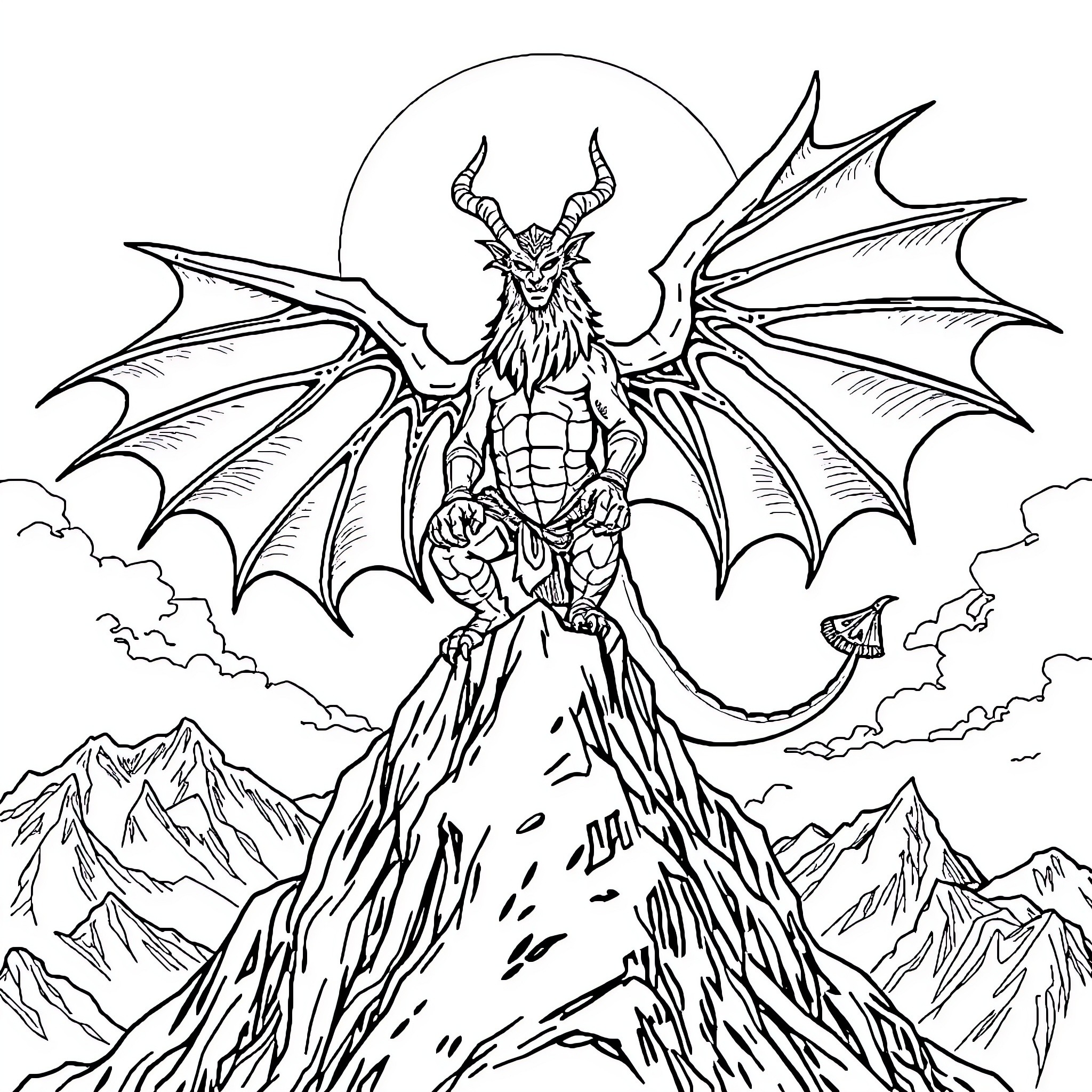 Dovahkiin's Majestic Ascent on the Mountainous Realm Coloring Page (free black-and-white line drawing printable PDF for all, from beginners to advanced learners, including children, teens, adults, and seniors)