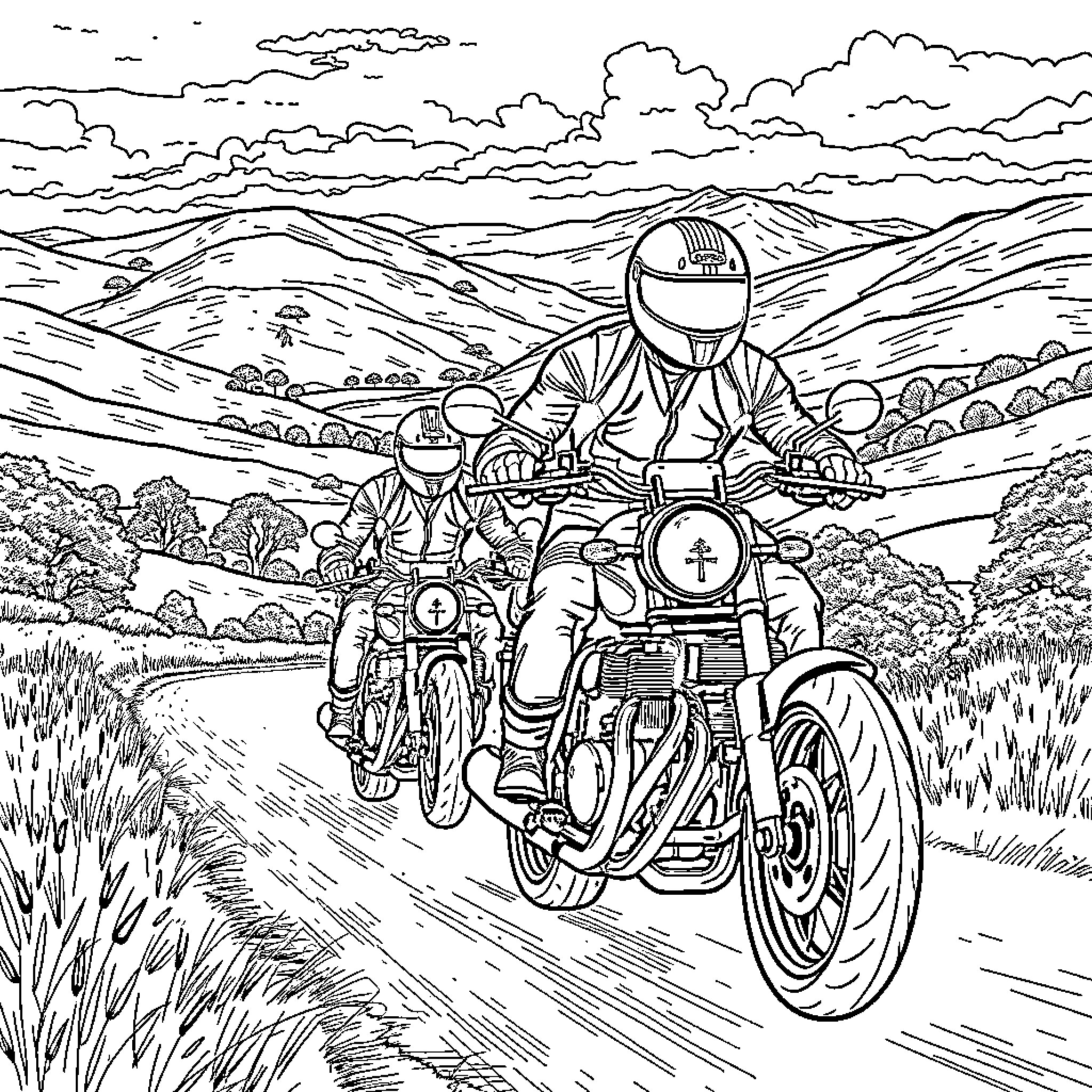 Motorcycle riders navigating winding mountain road Coloring Page (free black-and-white line drawing printable PDF for all, from beginners to advanced learners, including children, teens, adults, and seniors)