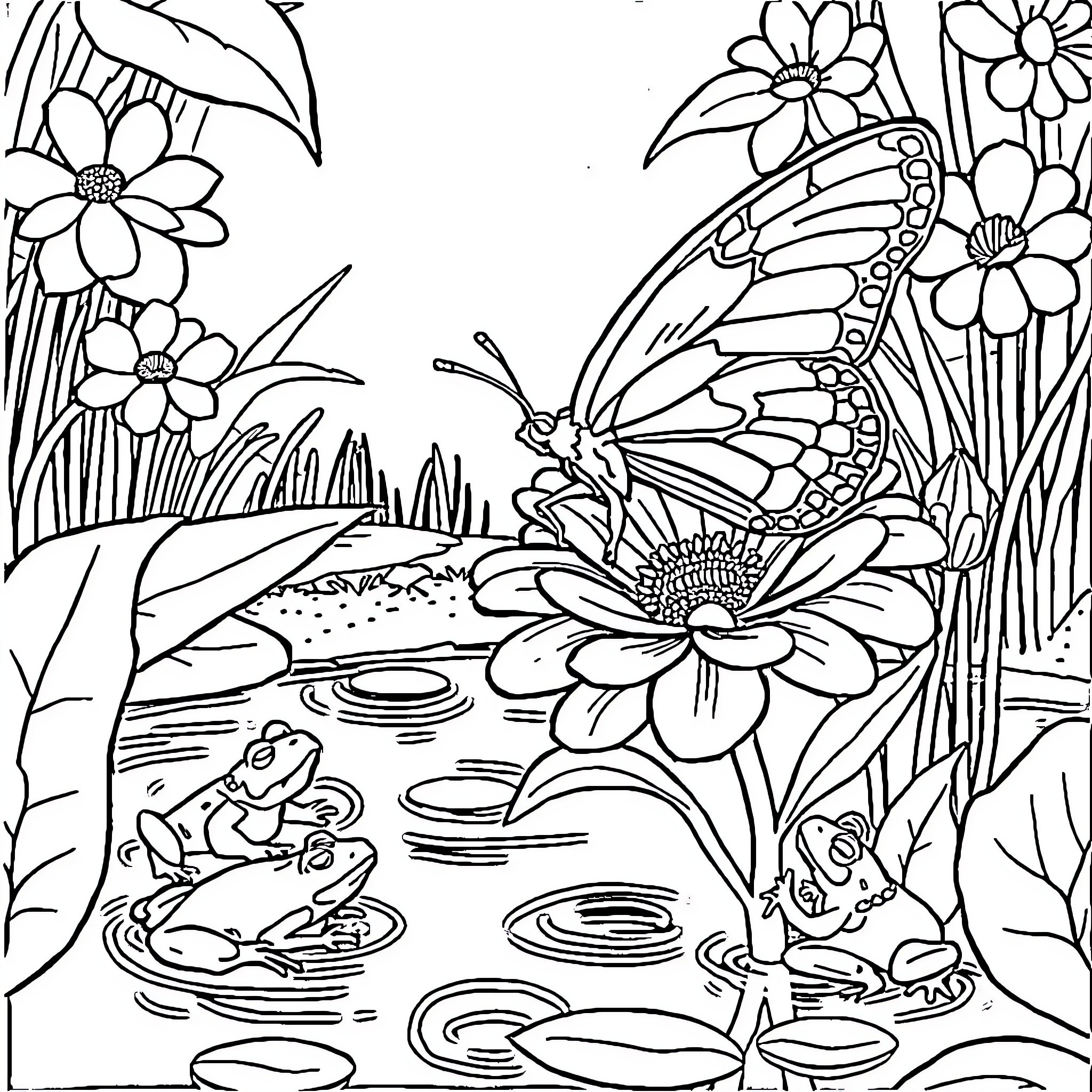 Butterfly in Floral Garden with Frogs Coloring Page (free black-and-white line drawing printable PDF for all, from beginners to advanced learners, including children, teens, adults, and seniors)