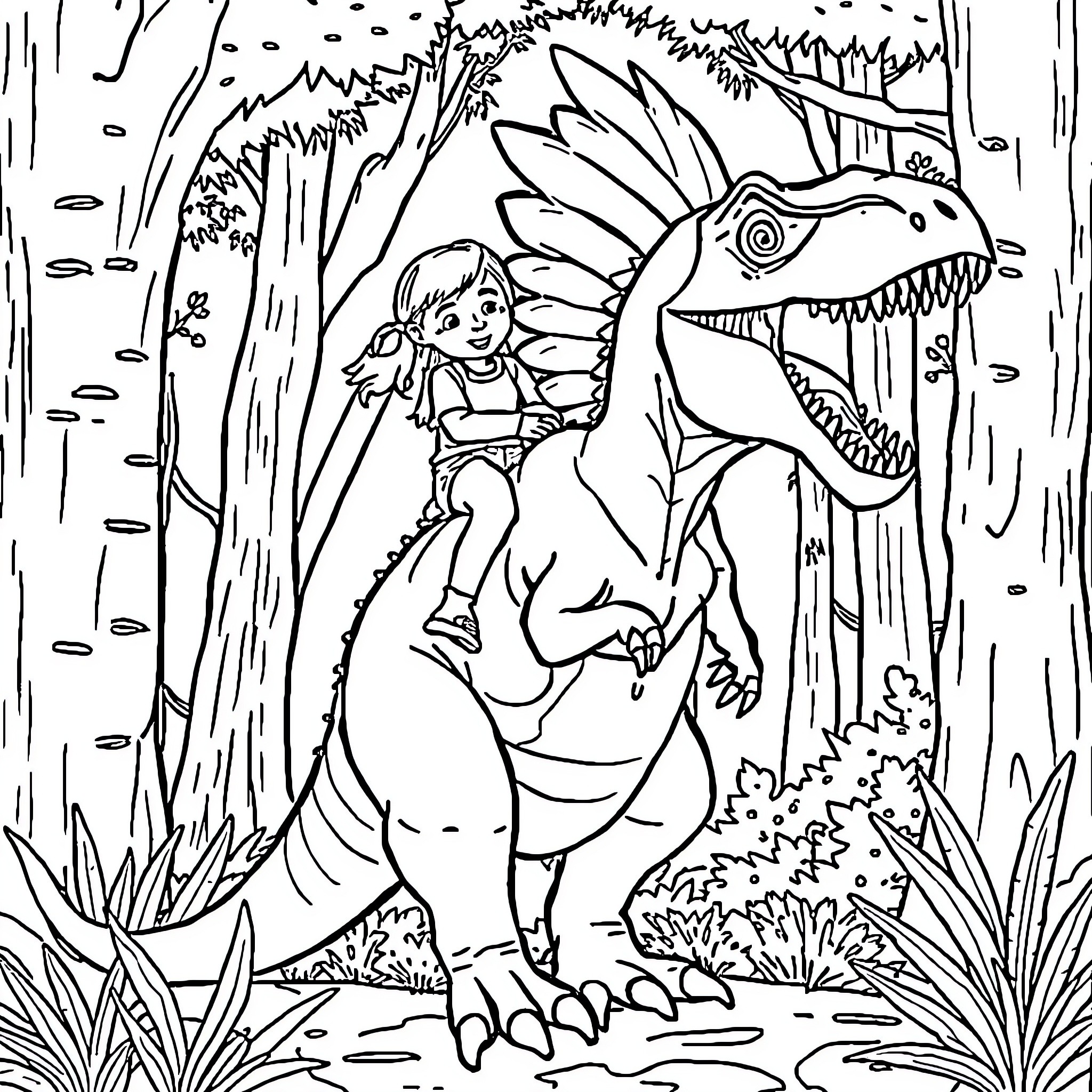 Dinosaur Companion: A Girl's Fantastical Encounter Coloring Page (free black-and-white line drawing printable PDF for all, from beginners to advanced learners, including children, teens, adults, and seniors)