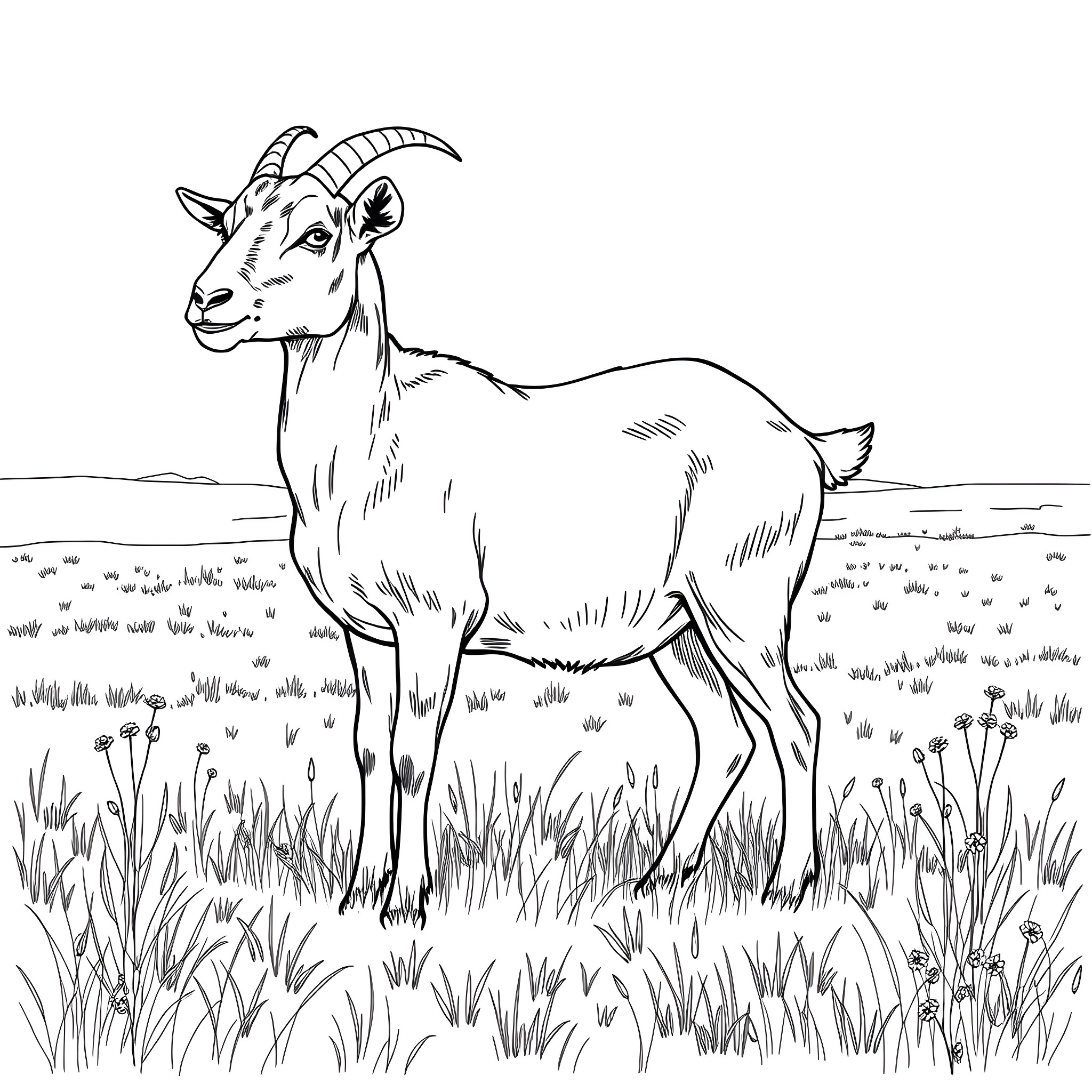 Goat standing in tall grass field Coloring Page (free black-and-white line drawing printable PDF for all, from beginners to advanced learners, including children, teens, adults, and seniors)