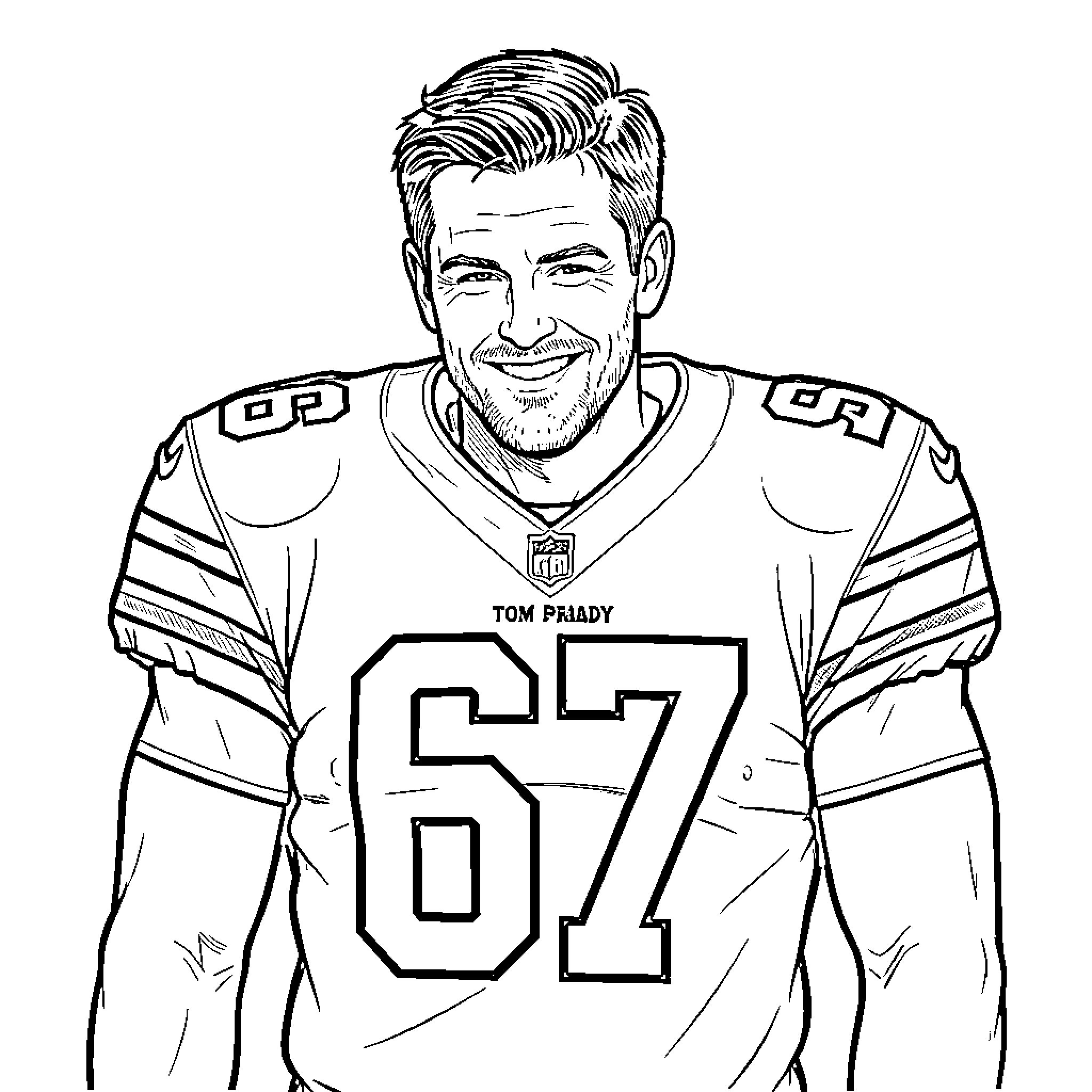 Tom Brady Smiling in Football Uniform Coloring Page (free black-and-white line drawing printable PDF for all, from beginners to advanced learners, including children, teens, adults, and seniors)