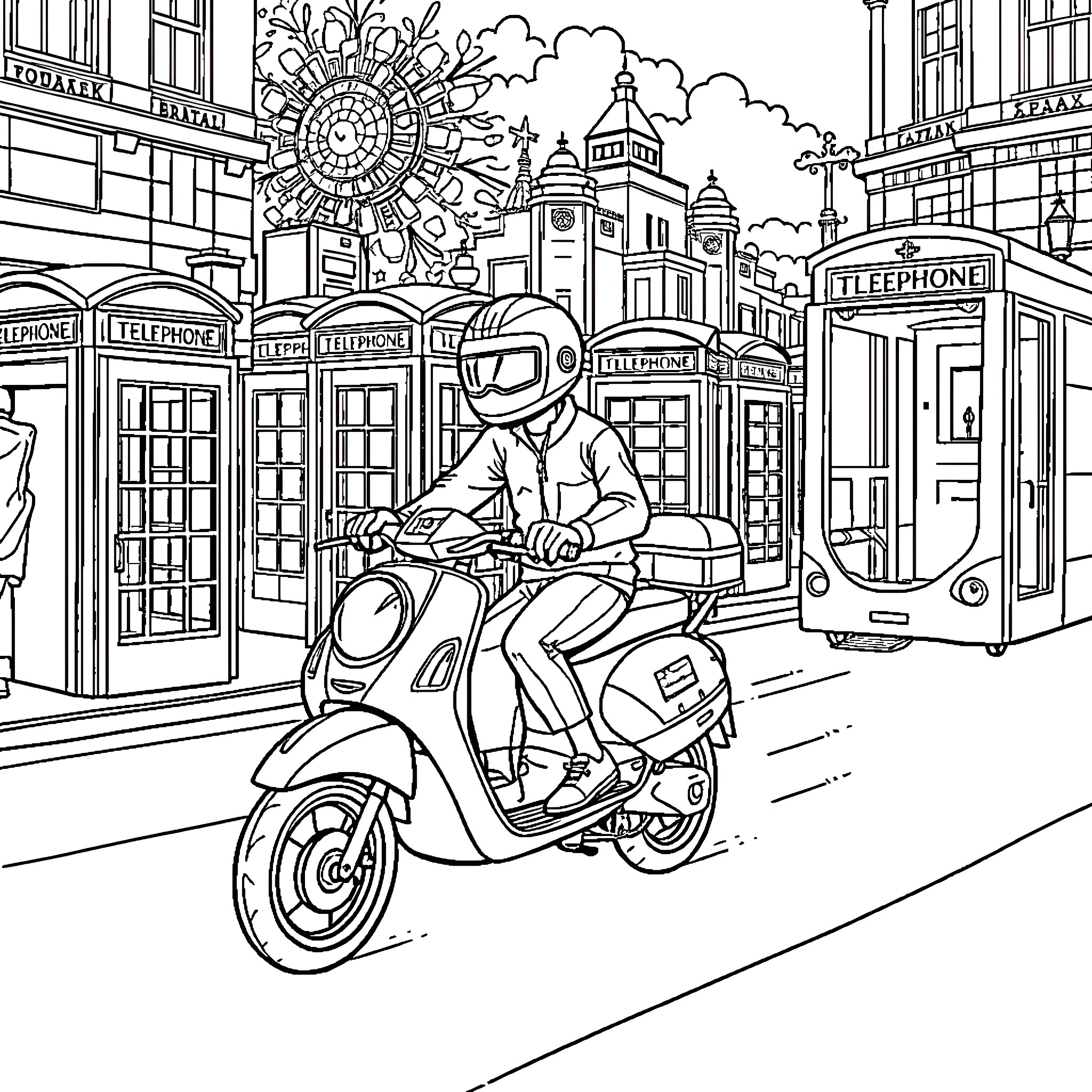 Spinderman's Scooter Adventure in the City Coloring Page (free black-and-white line drawing printable PDF for all, from beginners to advanced learners, including children, teens, adults, and seniors)