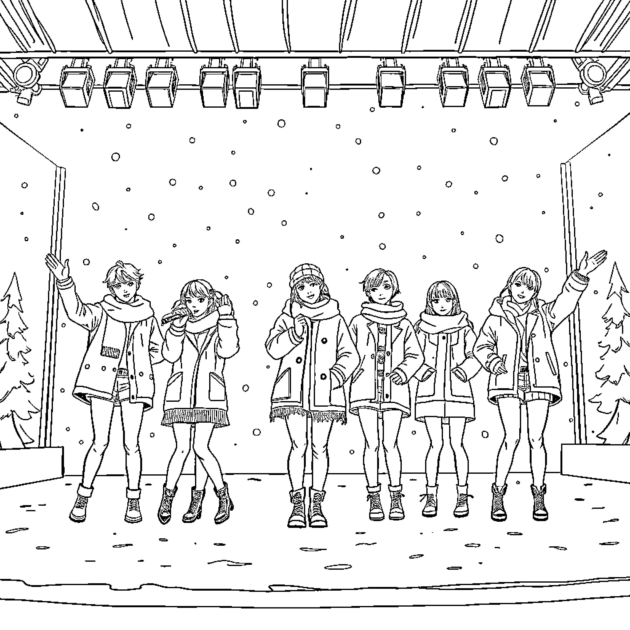 Kpop performers posing on a snowy stage Coloring Page (free black-and-white line drawing printable PDF for all, from beginners to advanced learners, including children, teens, adults, and seniors)