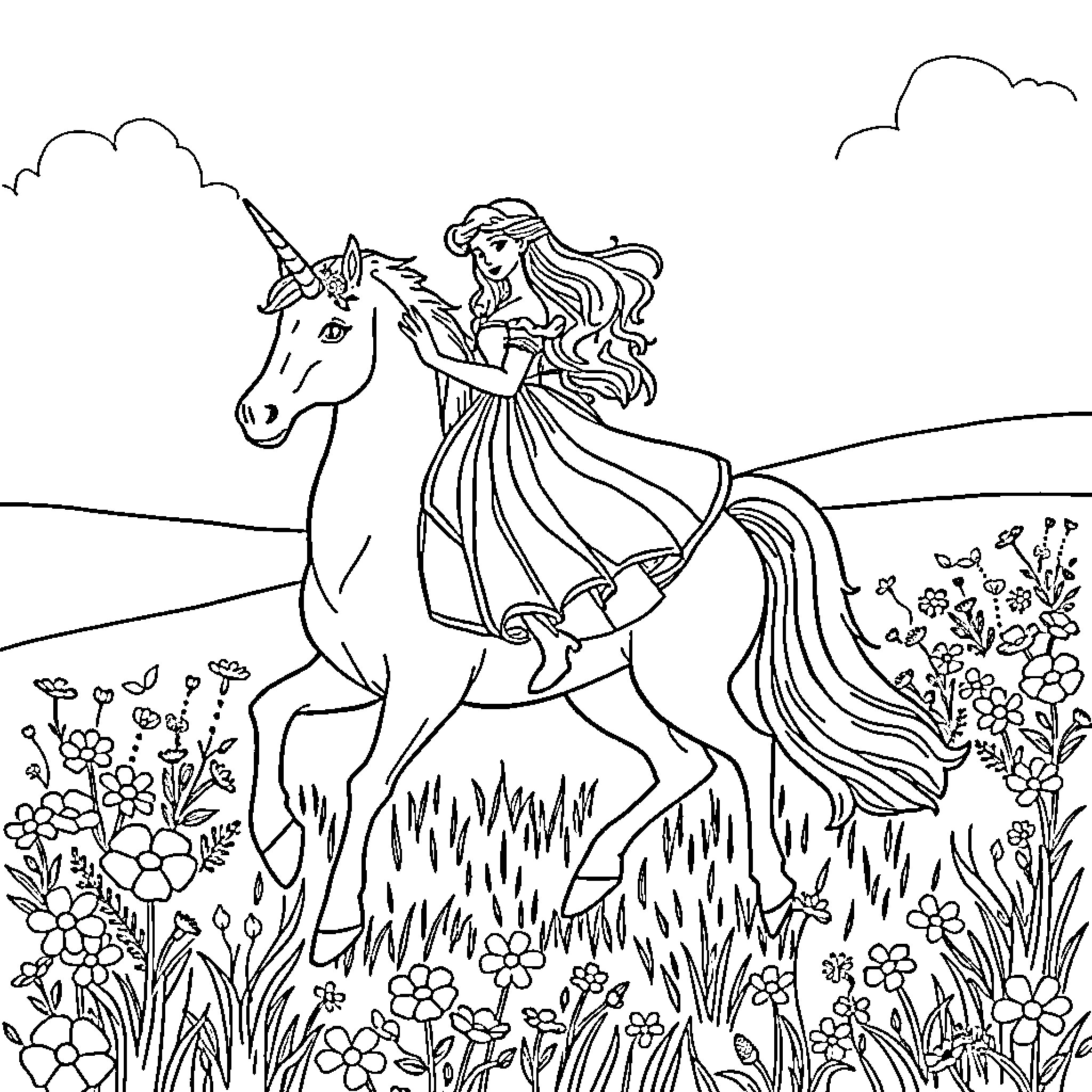 Princess riding a majestic unicorn through a flowery field Coloring Page (free black-and-white line drawing printable PDF for all, from beginners to advanced learners, including children, teens, adults, and seniors)