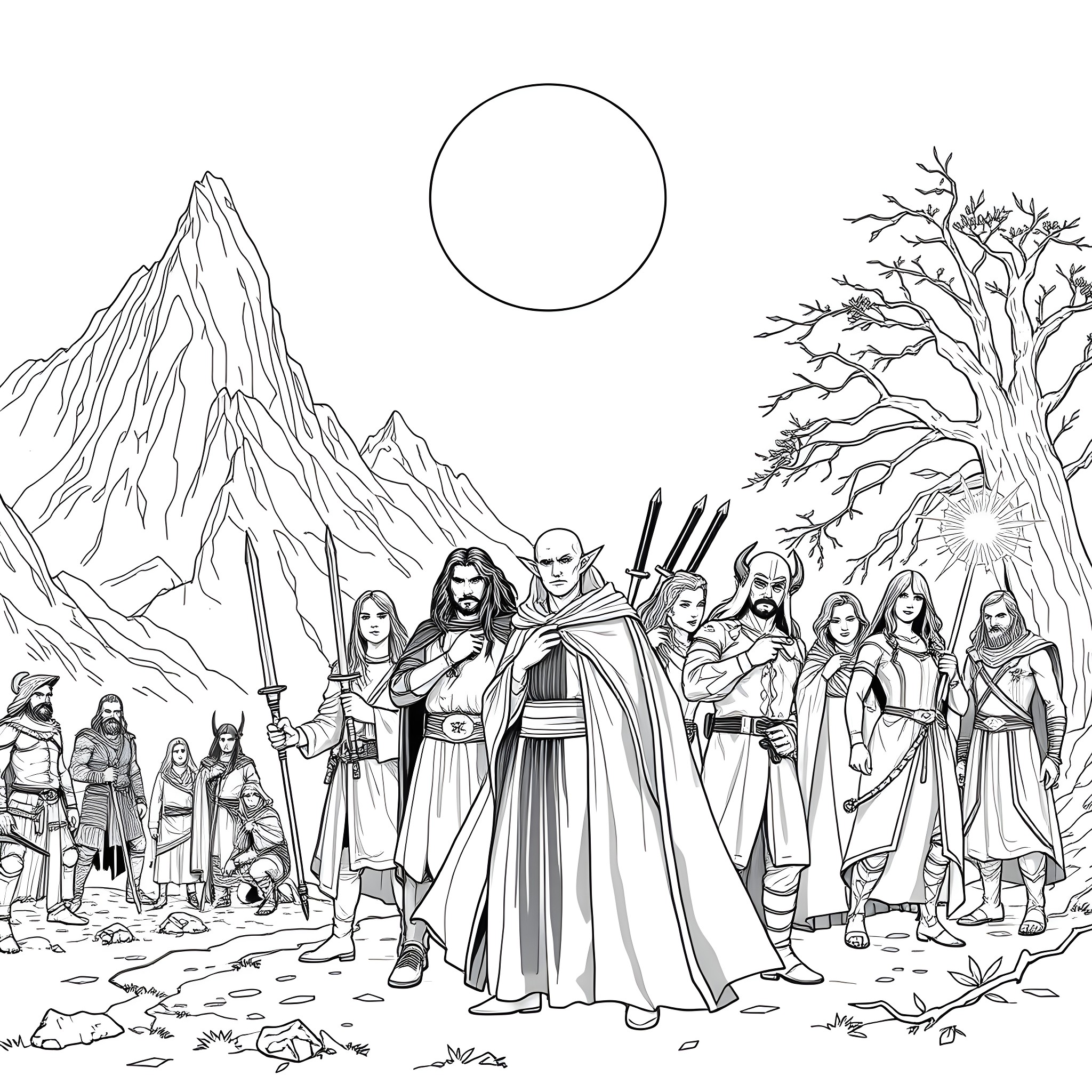 Fellowship of Heroic Adventurers in a Fantastical Landscape Coloring Page (free black-and-white line drawing printable PDF for all, from beginners to advanced learners, including children, teens, adults, and seniors)