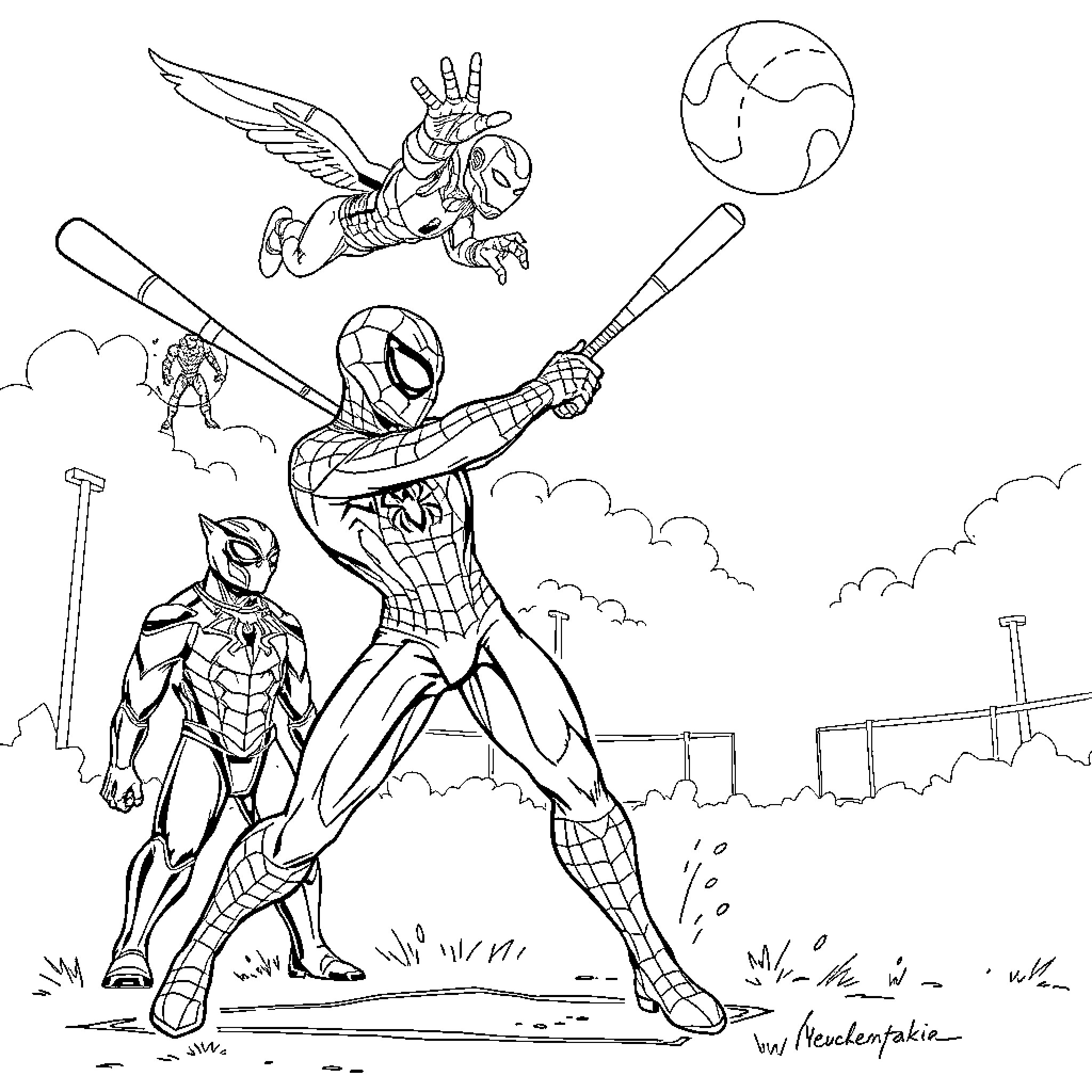Spiderman heroic action and adventure in the city Coloring Page (free black-and-white line drawing printable PDF for all, from beginners to advanced learners, including children, teens, adults, and seniors)