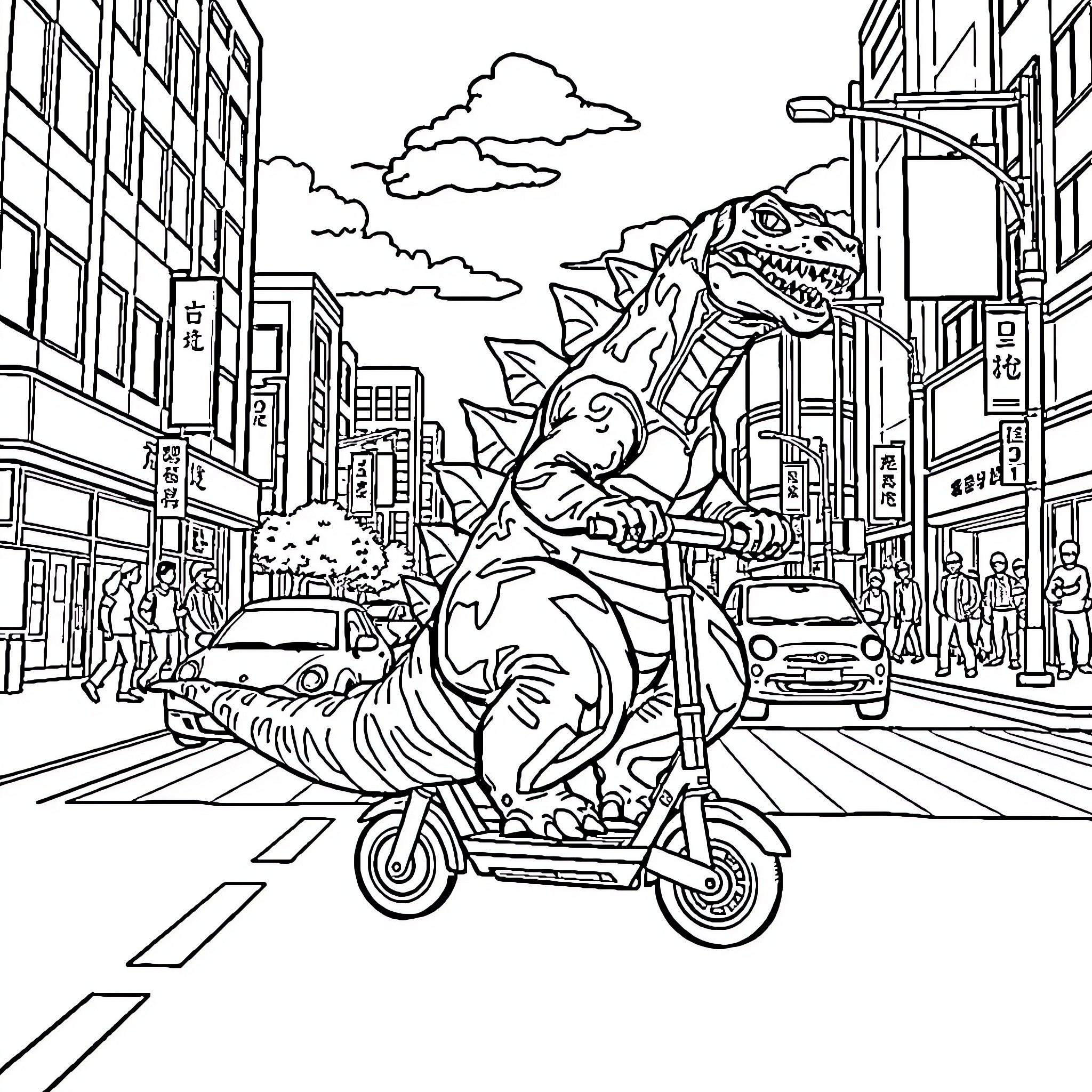 Godzilla rides scooter through busy city street Coloring Page (free black-and-white line drawing printable PDF for all, from beginners to advanced learners, including children, teens, adults, and seniors)