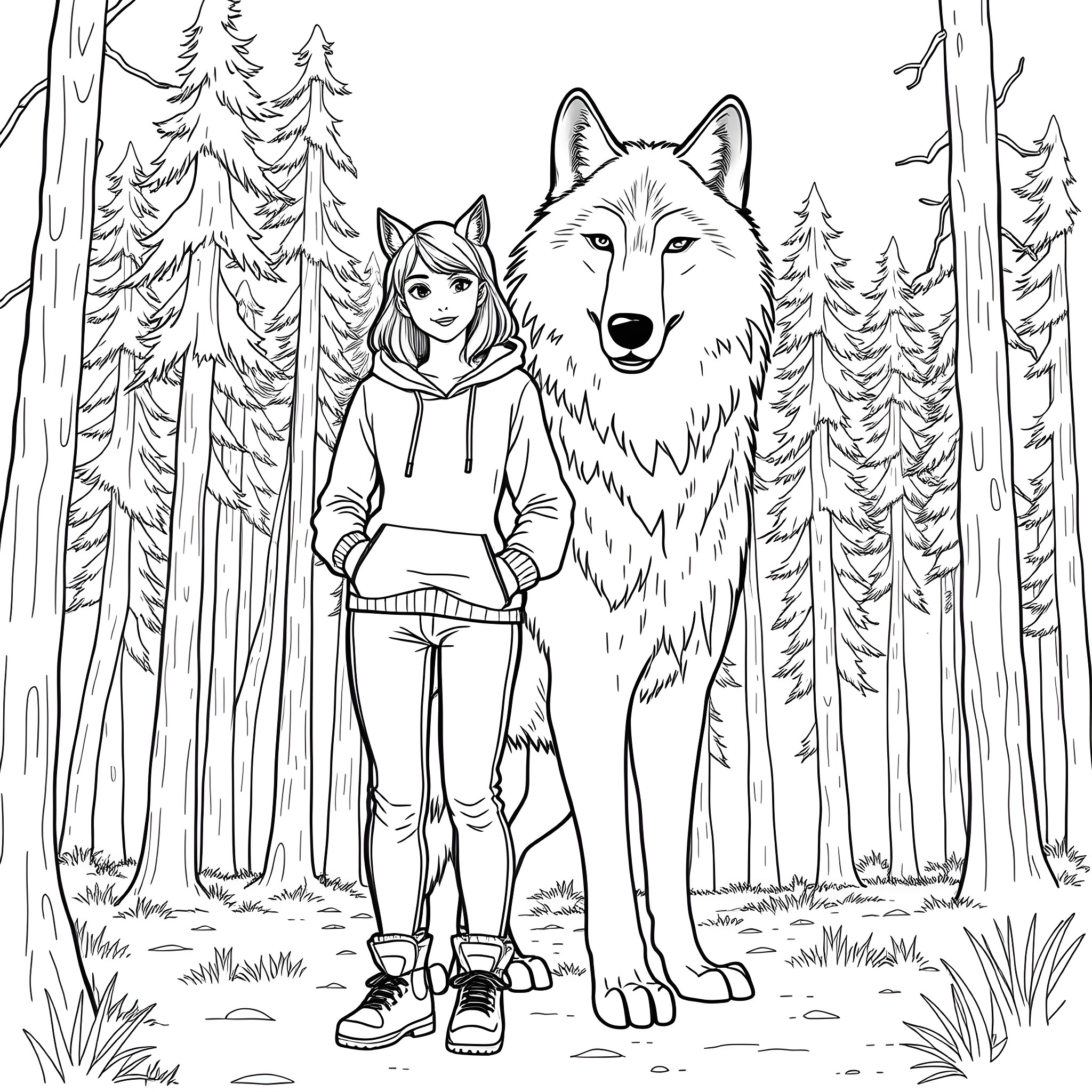 Girl with wolf companion in the forest Coloring Page (free black-and-white line drawing printable PDF for all, from beginners to advanced learners, including children, teens, adults, and seniors)