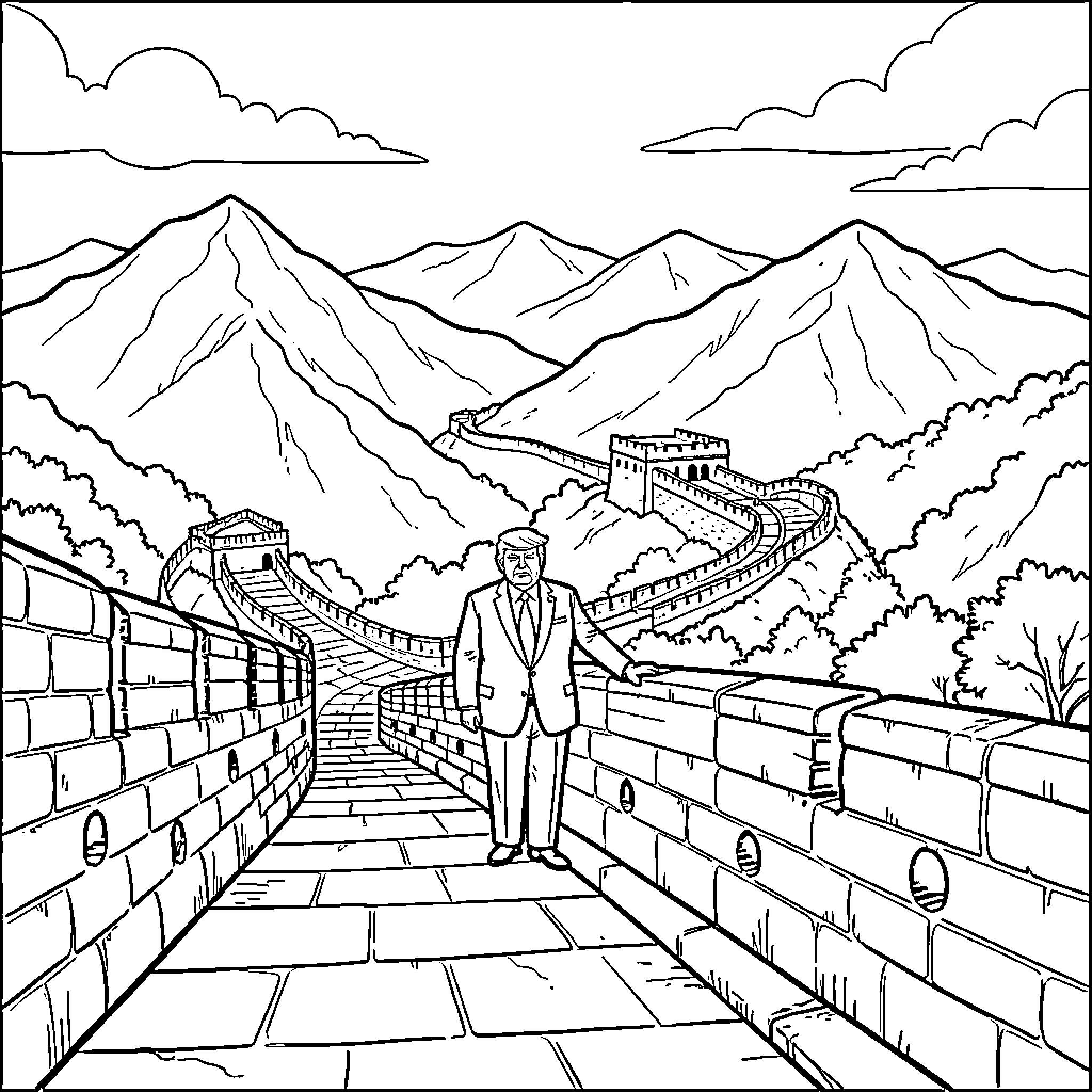Trump standing on the Great Wall of China Coloring Page (free black-and-white line drawing printable PDF for all, from beginners to advanced learners, including children, teens, adults, and seniors)