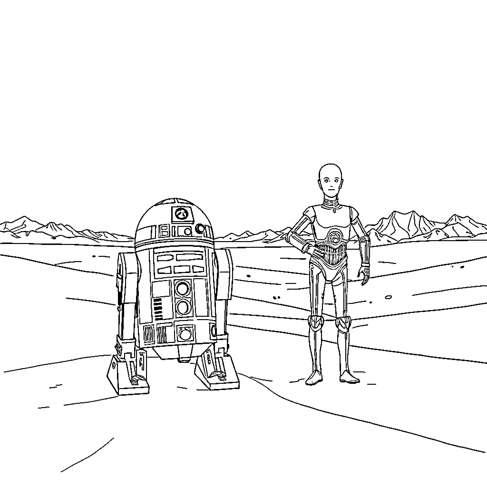 R2D2 and C-3PO in a desert landscape Coloring Page (free black-and-white line drawing printable PDF for all, from beginners to advanced learners, including children, teens, adults, and seniors)