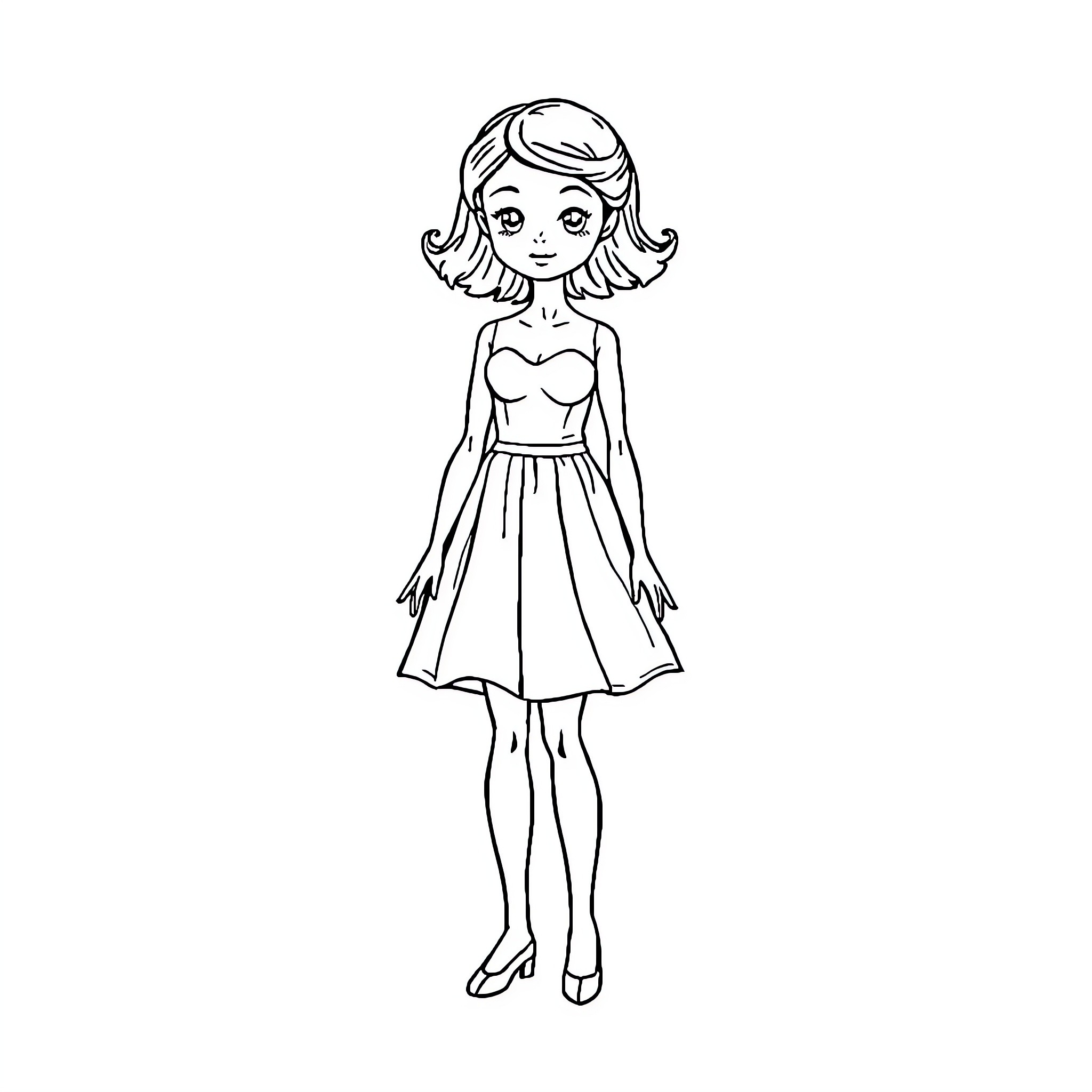 Doll in a stylish dress Coloring Page (free black-and-white line drawing printable PDF for all, from beginners to advanced learners, including children, teens, adults, and seniors)