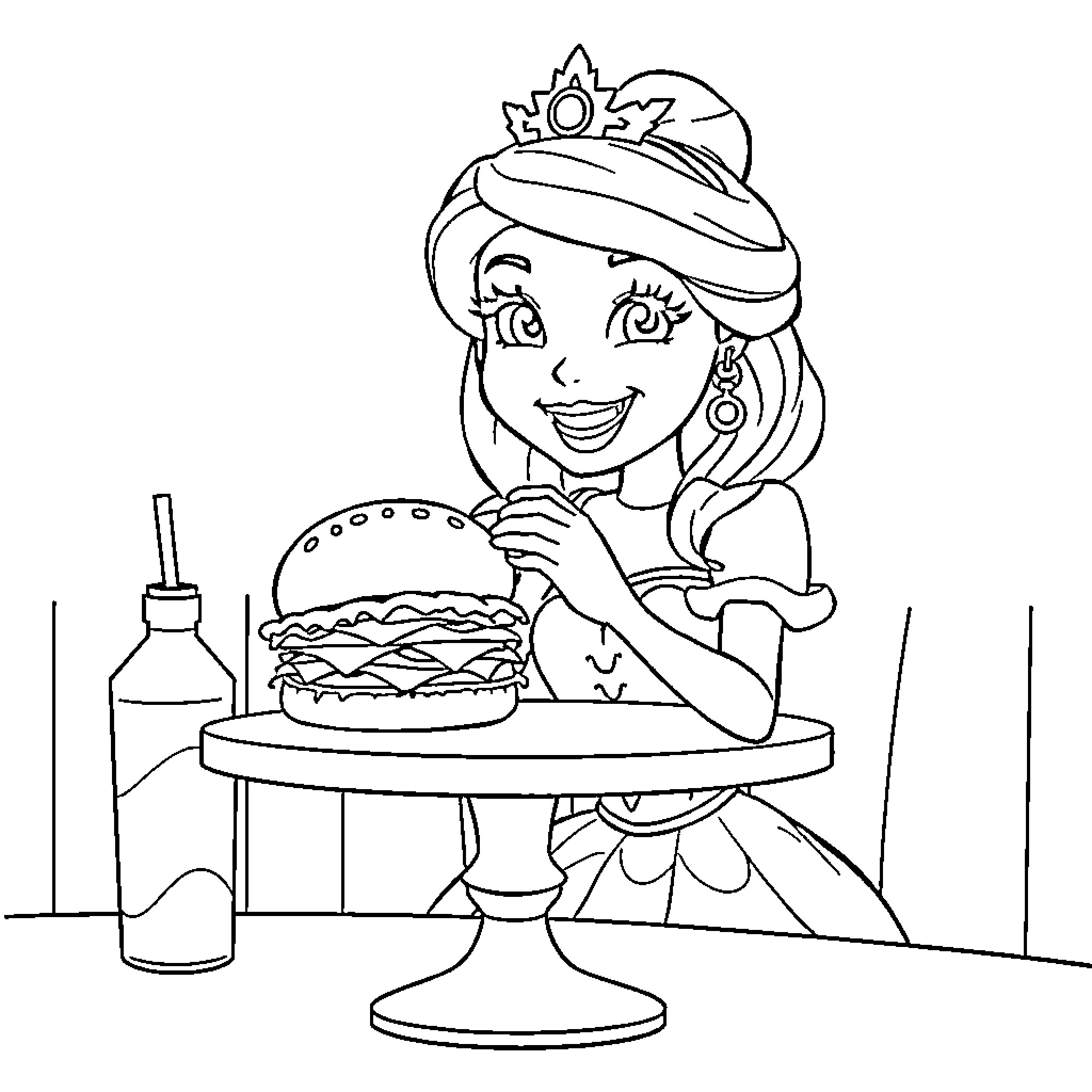 Princess Enjoying a Tasty Burger Coloring Page (free black-and-white line drawing printable PDF for all, from beginners to advanced learners, including children, teens, adults, and seniors)