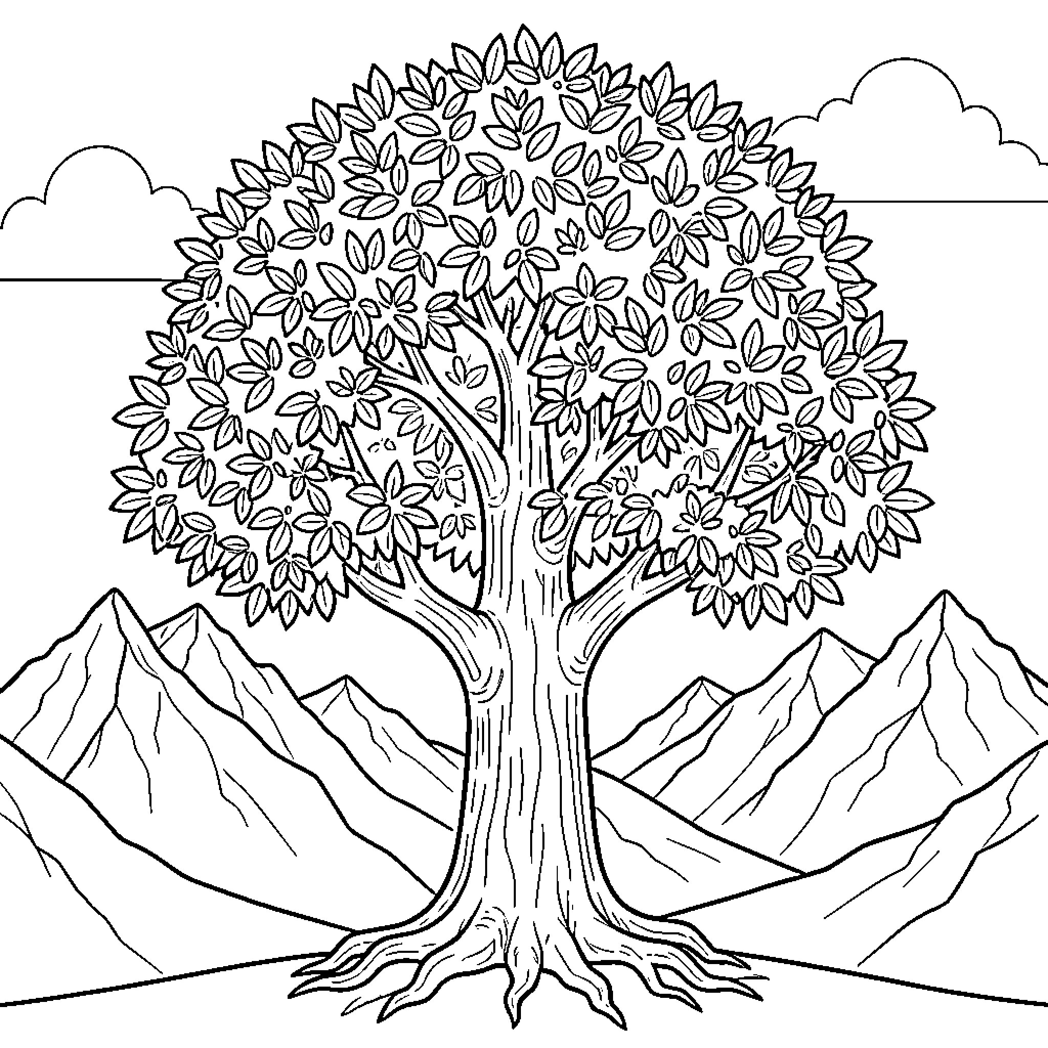 Tree with lush foliage against mountain backdrop Coloring Page (free black-and-white line drawing printable PDF for all, from beginners to advanced learners, including children, teens, adults, and seniors)