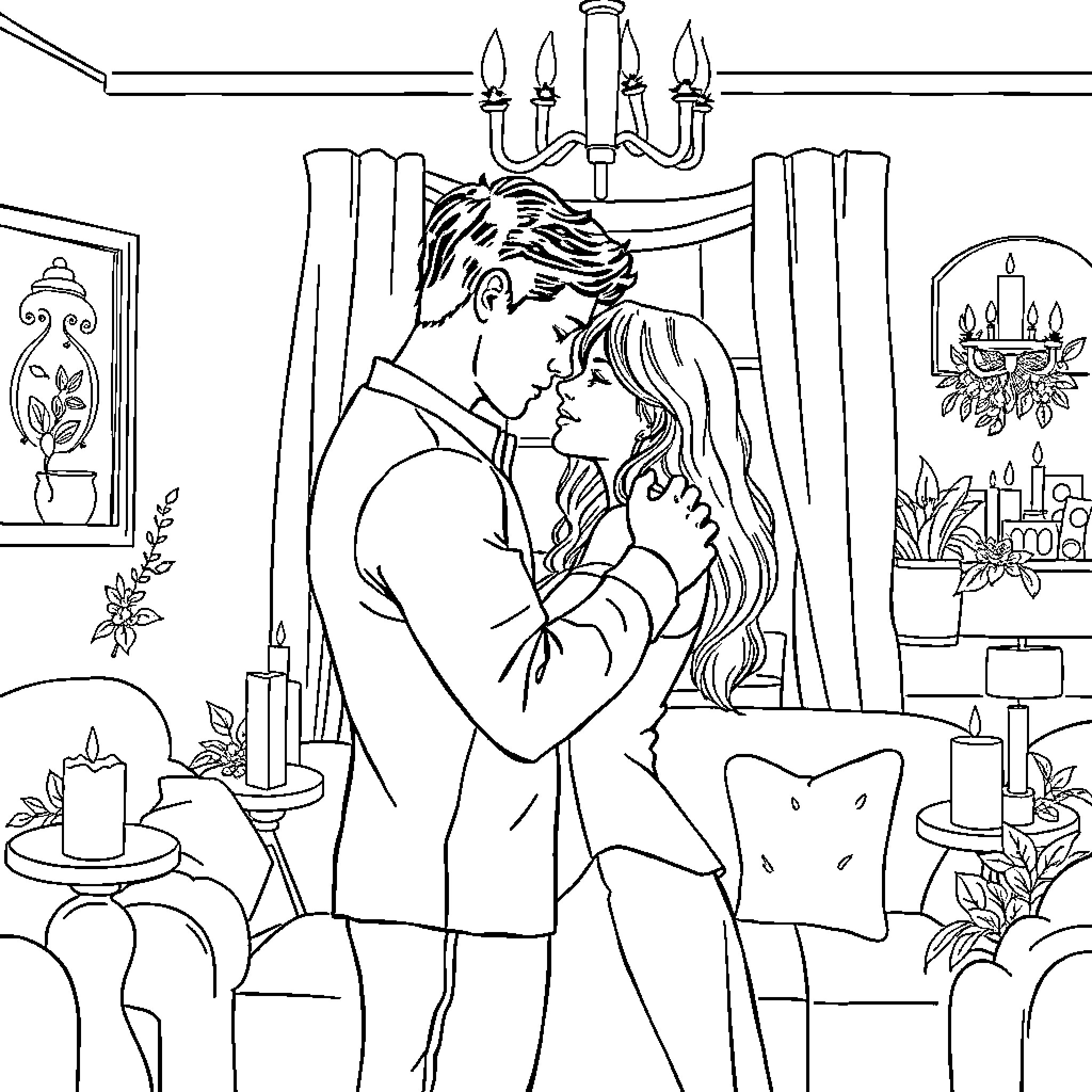 Person embracing intimately in romantic setting Coloring Page (free black-and-white line drawing printable PDF for all, from beginners to advanced learners, including children, teens, adults, and seniors)